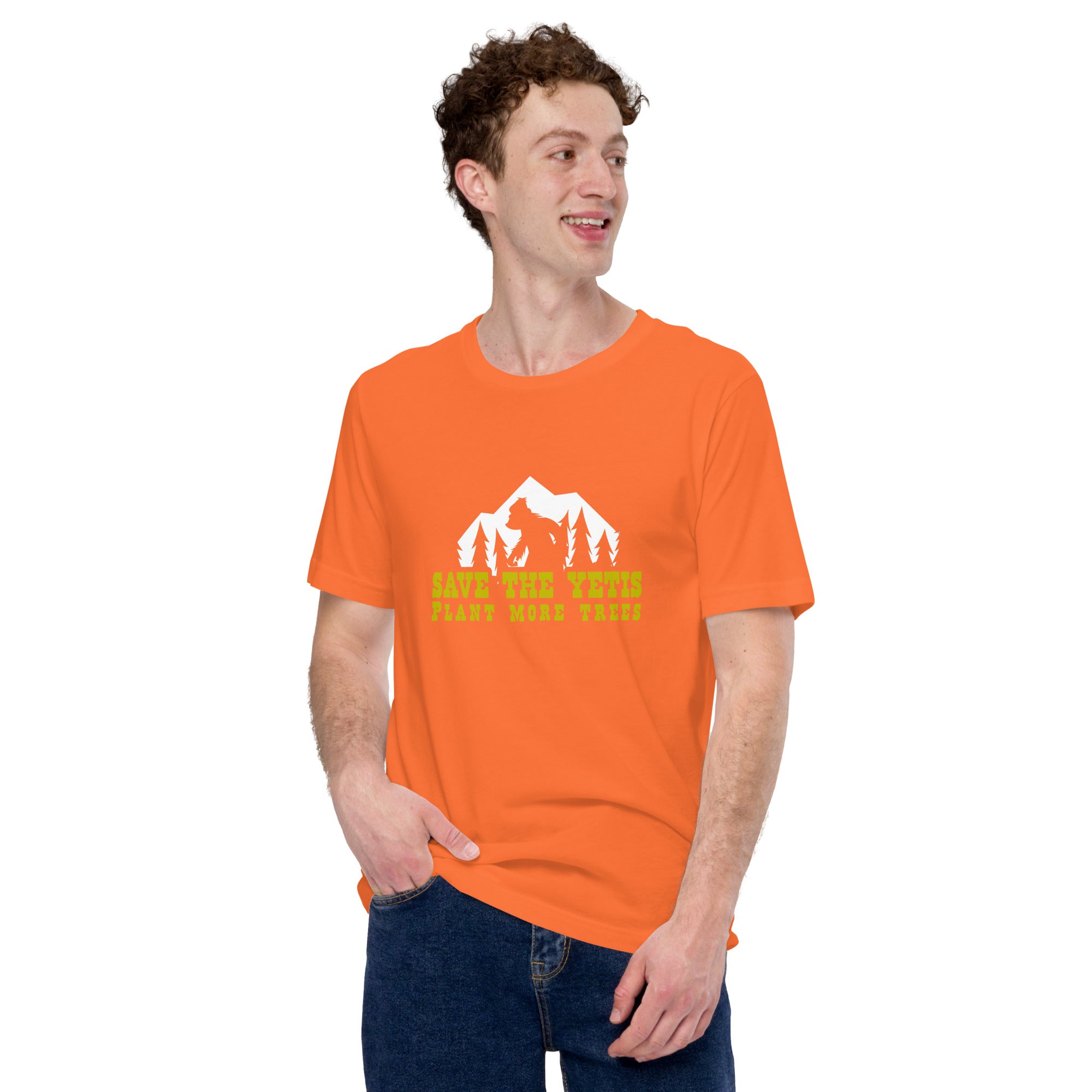 Unisex cotton t-shirt Save the Yetis Plant more Trees on bright colors (front & back)