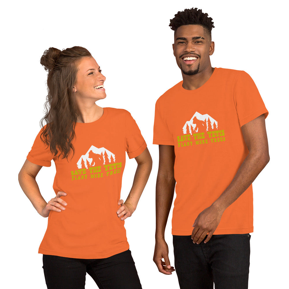 Unisex cotton t-shirt Save the Yetis Plant more Trees on bright colors (front & back)