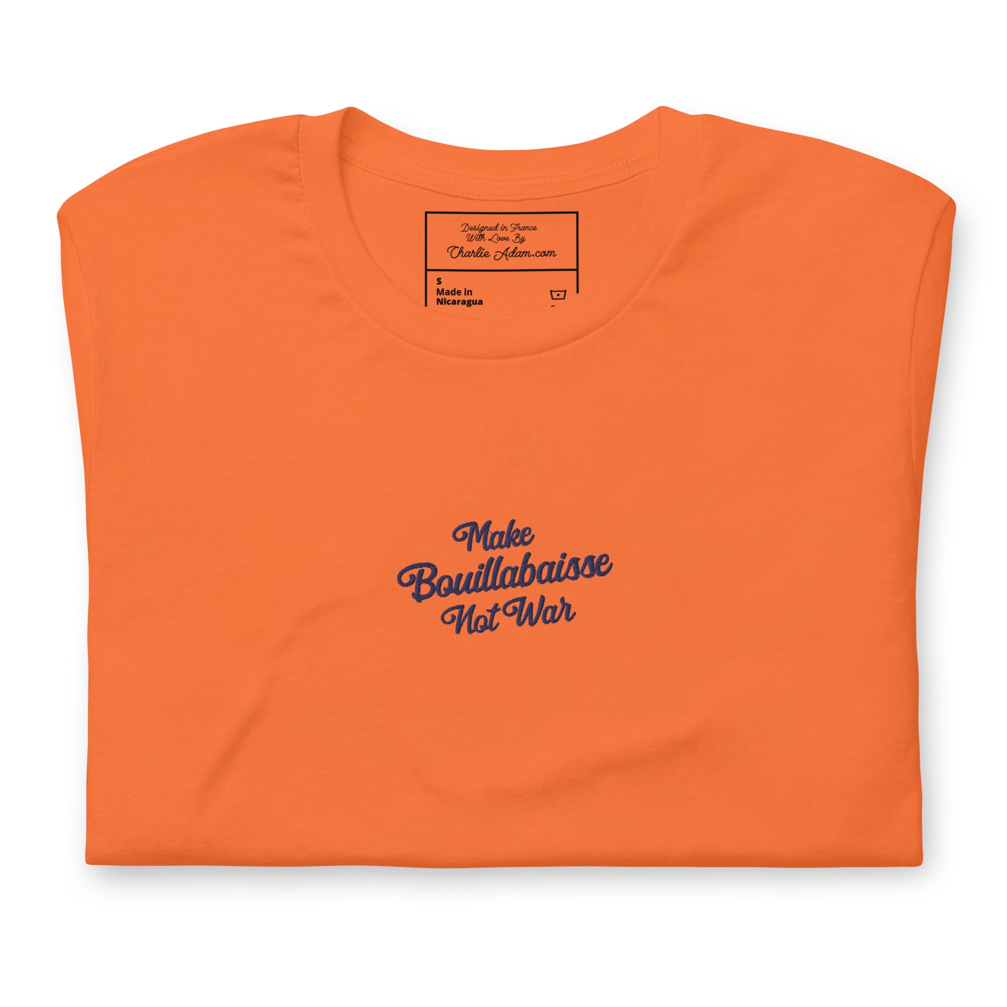 Unisex t-shirt Make Bouillabaisse Not War Text Only navy on bright colors