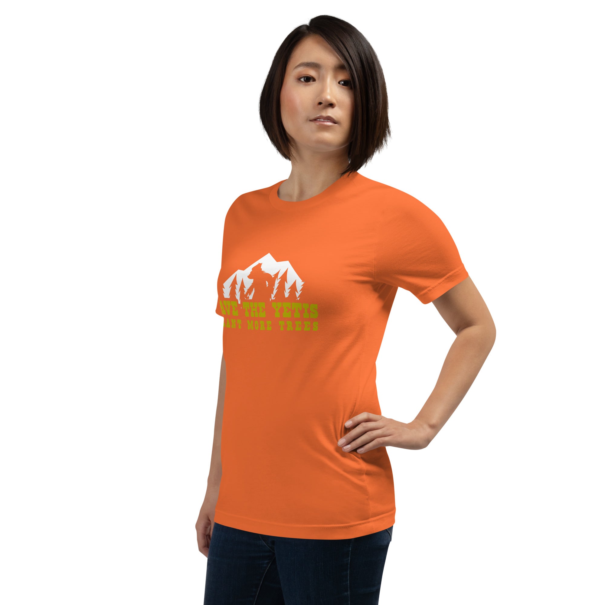 Unisex cotton t-shirt Save the Yetis Plant more Trees on bright colors (front & back)