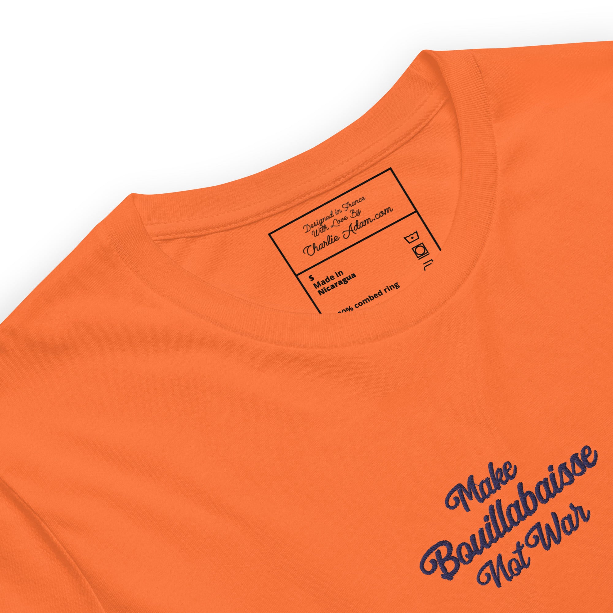 Unisex t-shirt Make Bouillabaisse Not War Text Only navy on bright colors