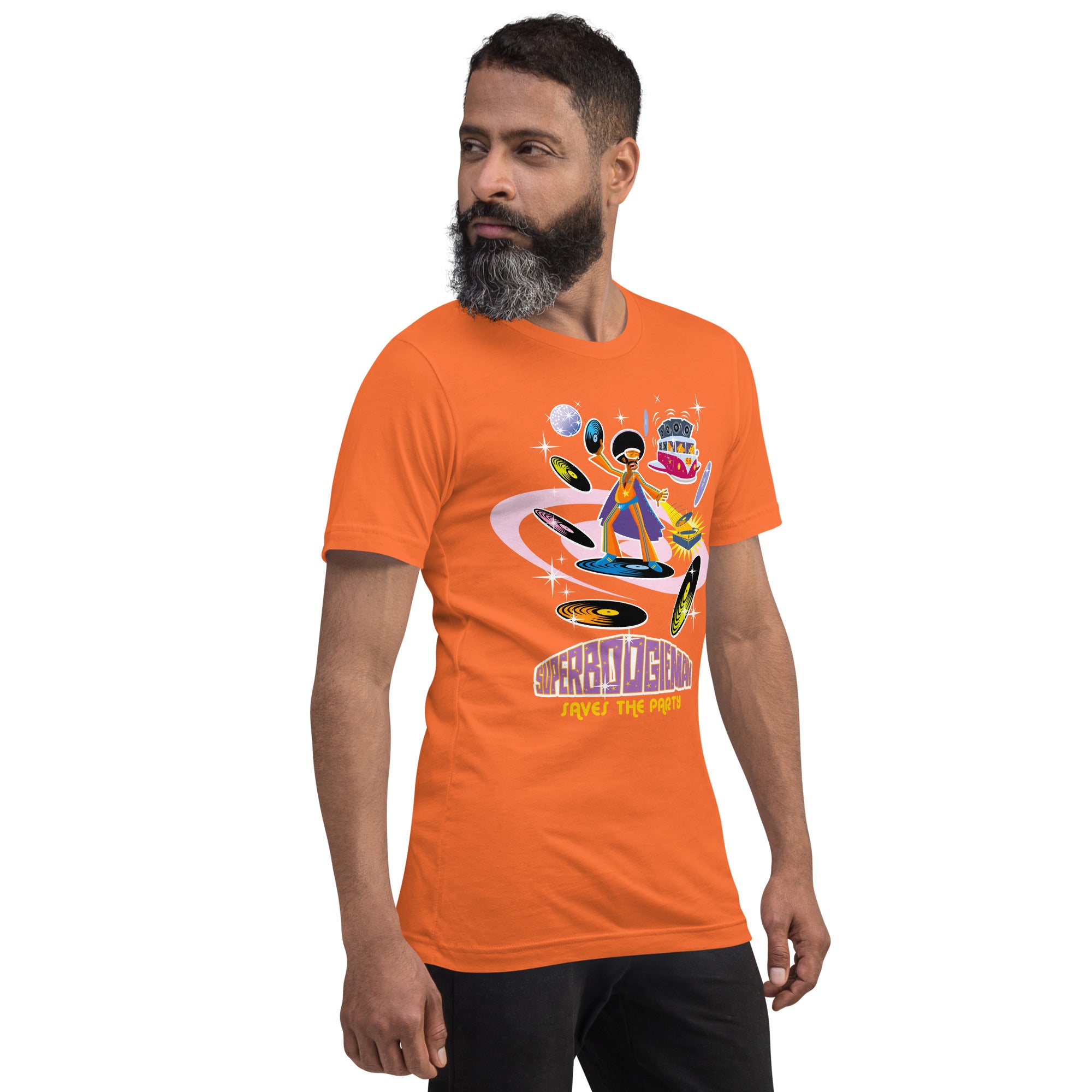 Unisex cotton t-shirt Superboogieman saves the Party on bright colors