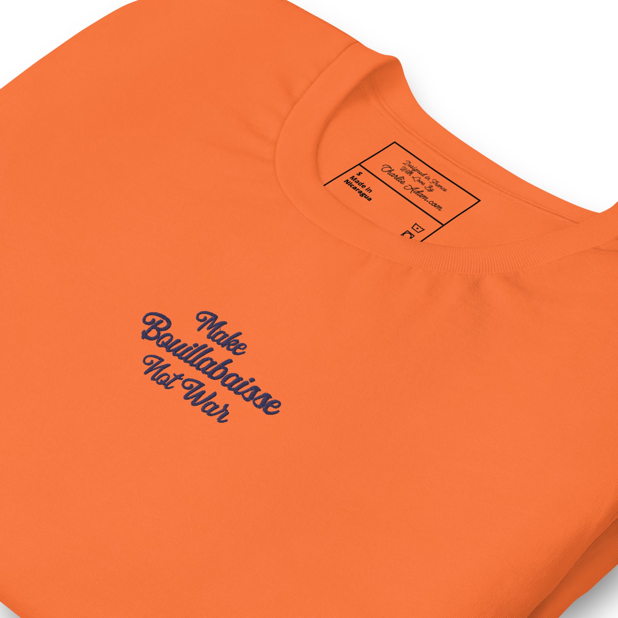 Unisex t-shirt Make Bouillabaisse Not War Text Only navy on bright colors