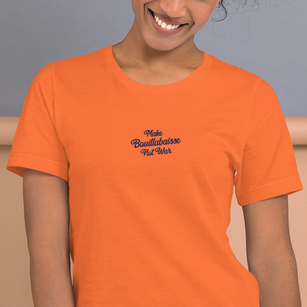 Unisex t-shirt Make Bouillabaisse Not War Text Only navy on bright colors