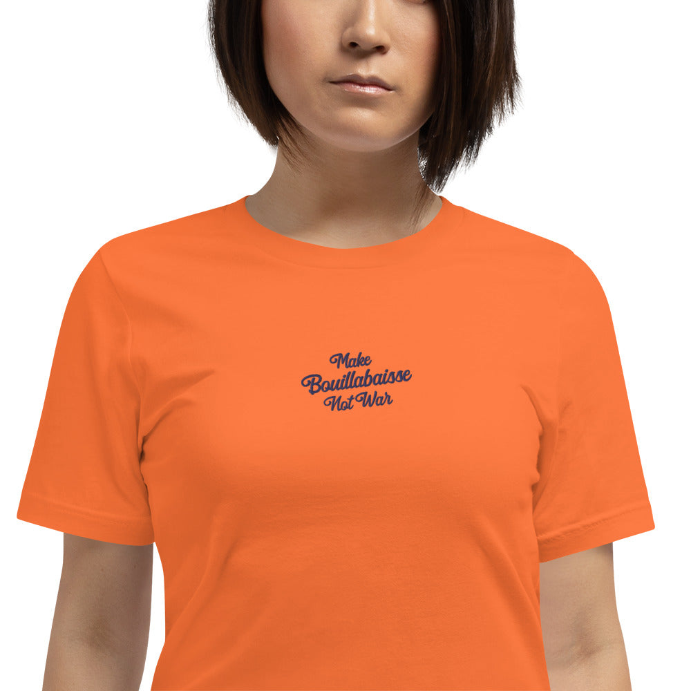 Unisex t-shirt Make Bouillabaisse Not War Text Only navy on bright colors