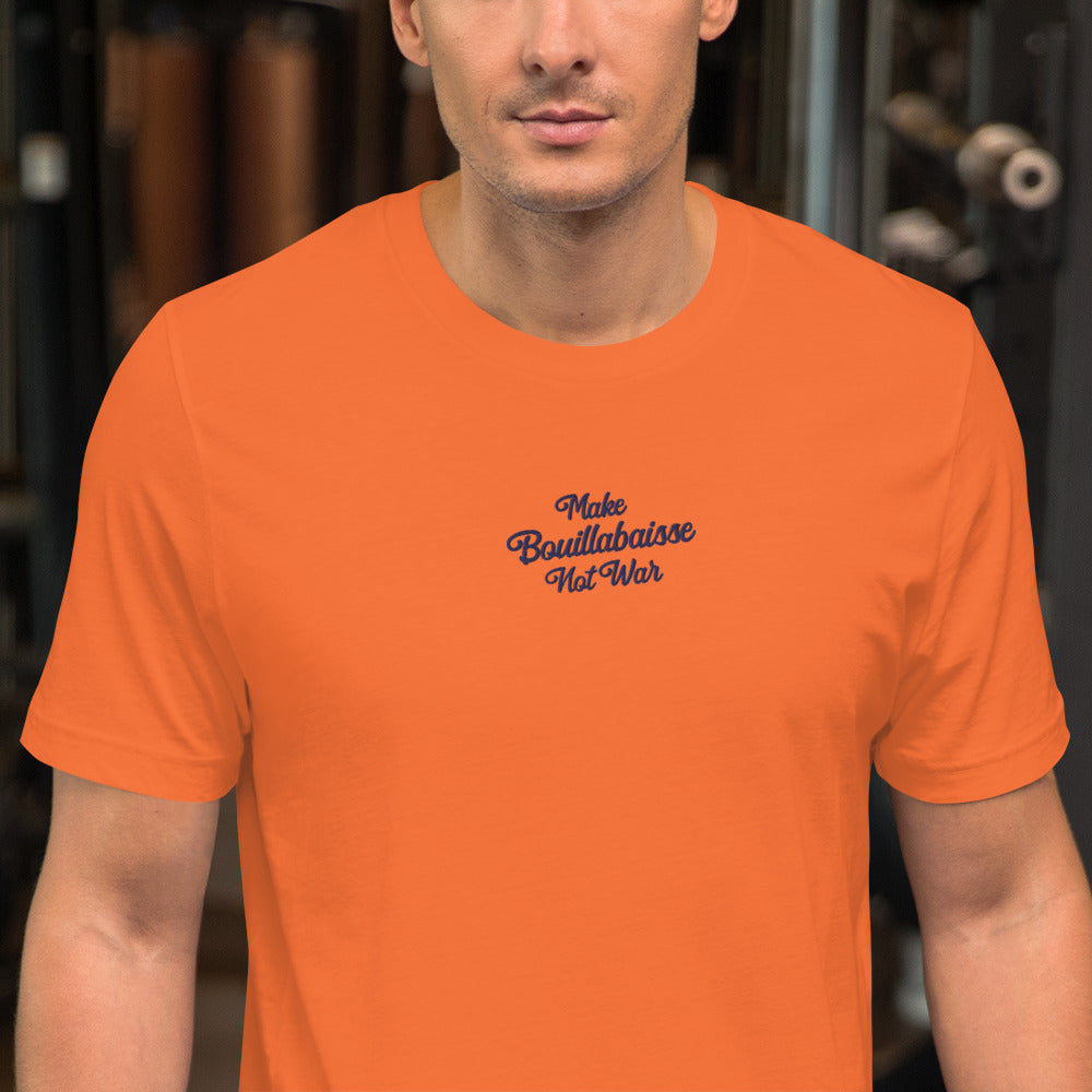 Unisex t-shirt Make Bouillabaisse Not War Text Only navy on bright colors