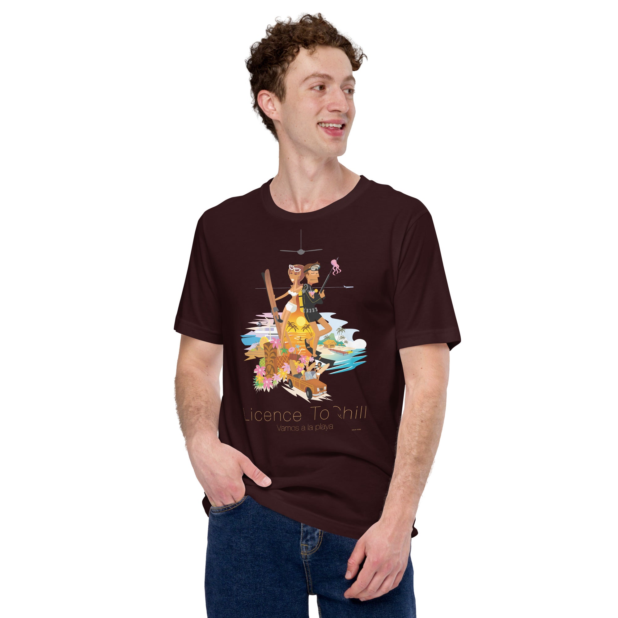 Unisex cotton t-shirt License to Chill Vamos a la Playa on dark colors
