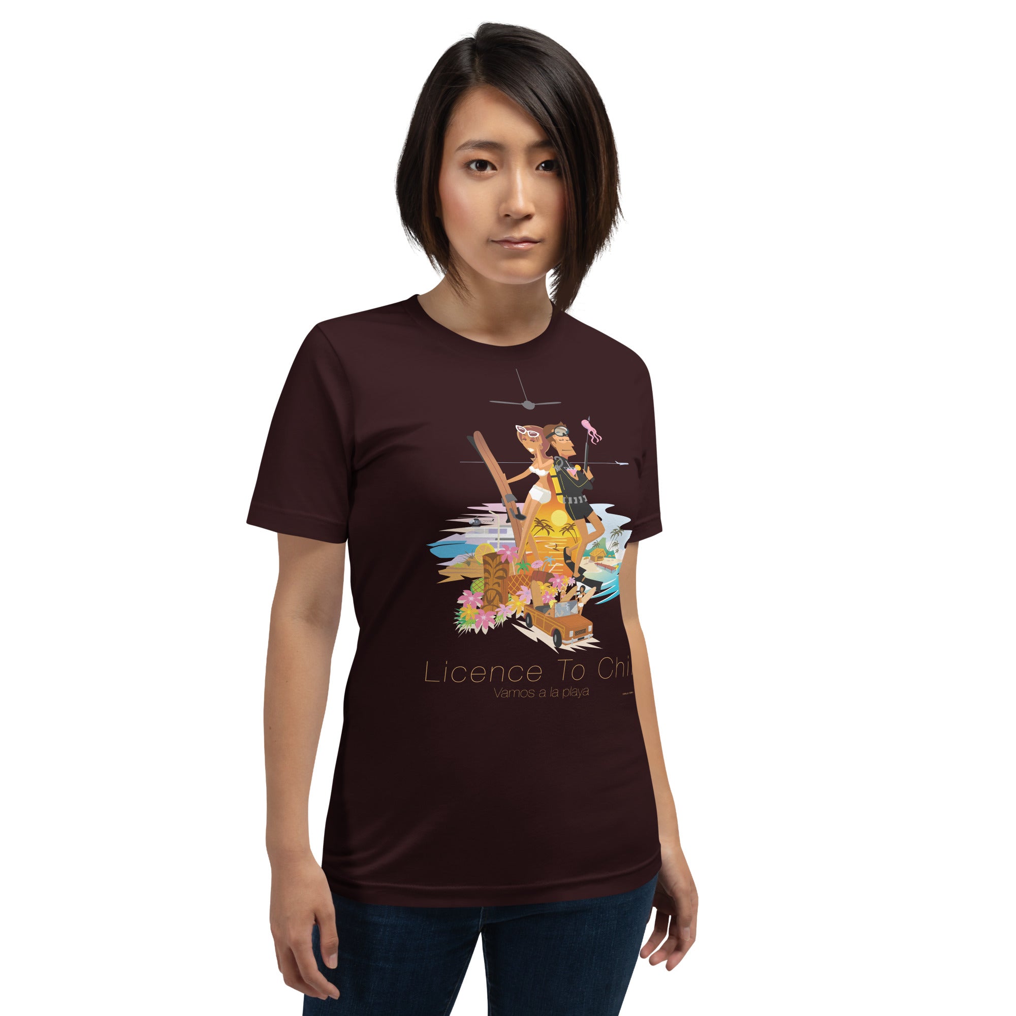 Unisex cotton t-shirt License to Chill Vamos a la Playa on dark colors