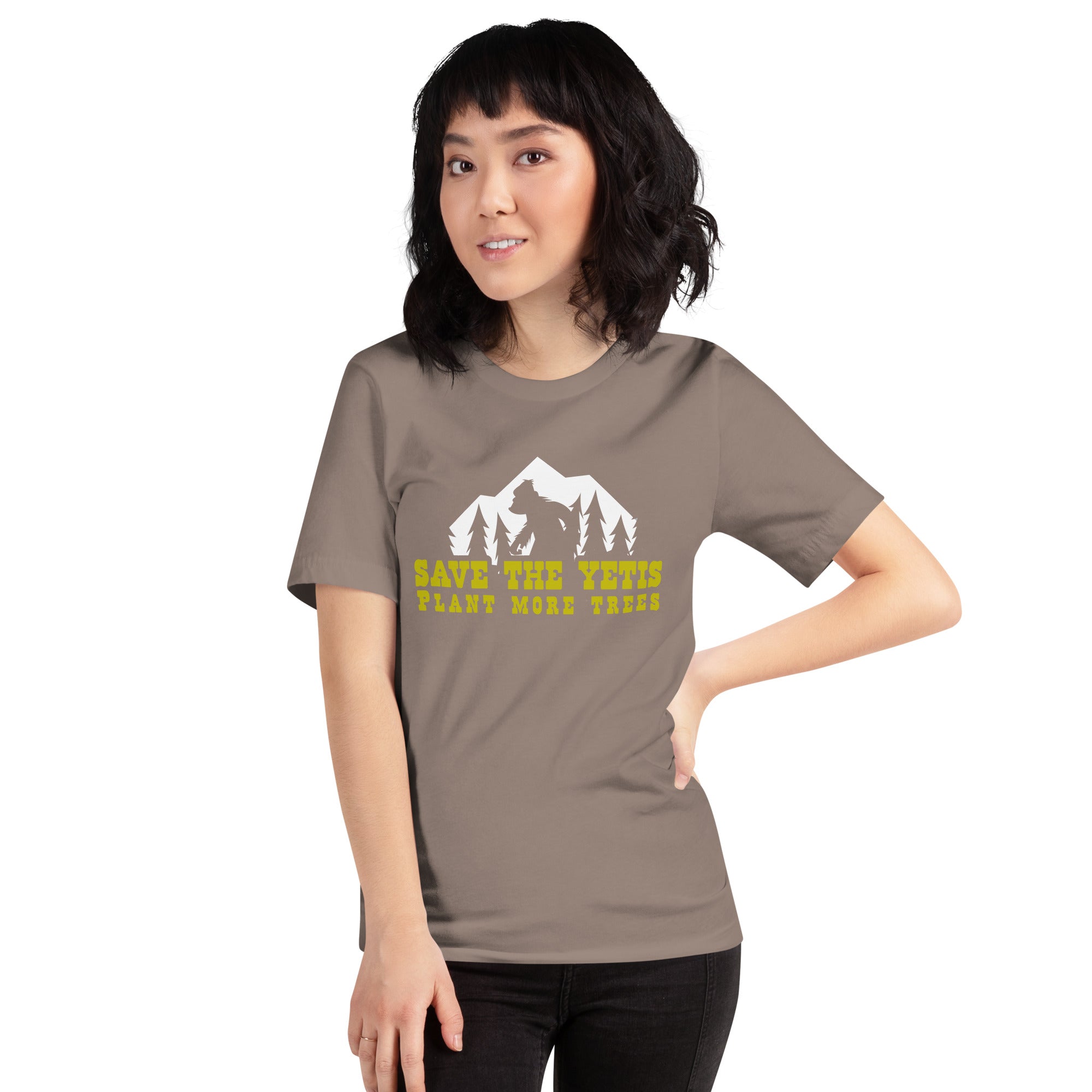 T-shirt en coton unisexe Save the Yetis Plant more Trees sur couleurs foncées