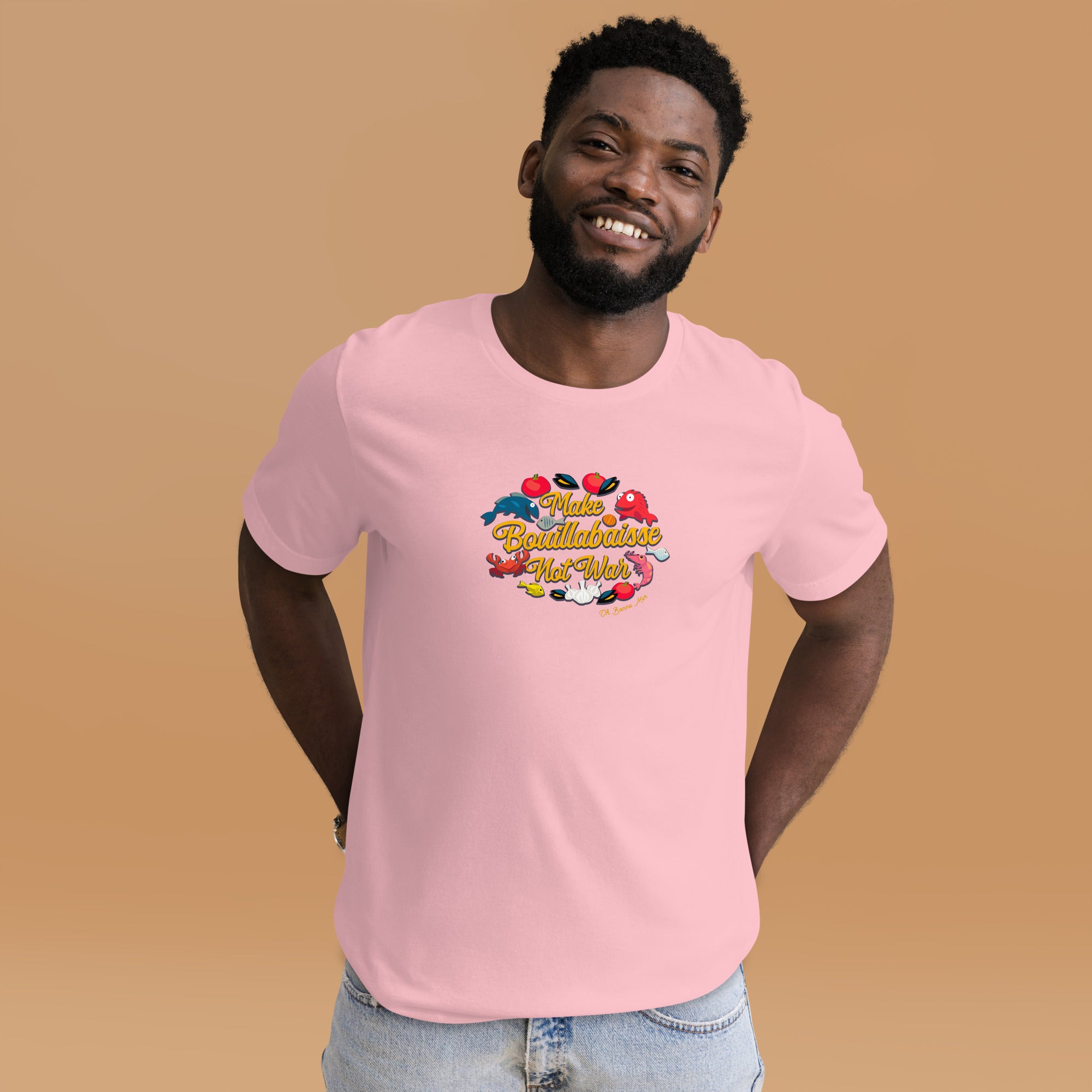 T-shirt en coton unisexe Make Bouillabaisse Not War sur couleurs claires