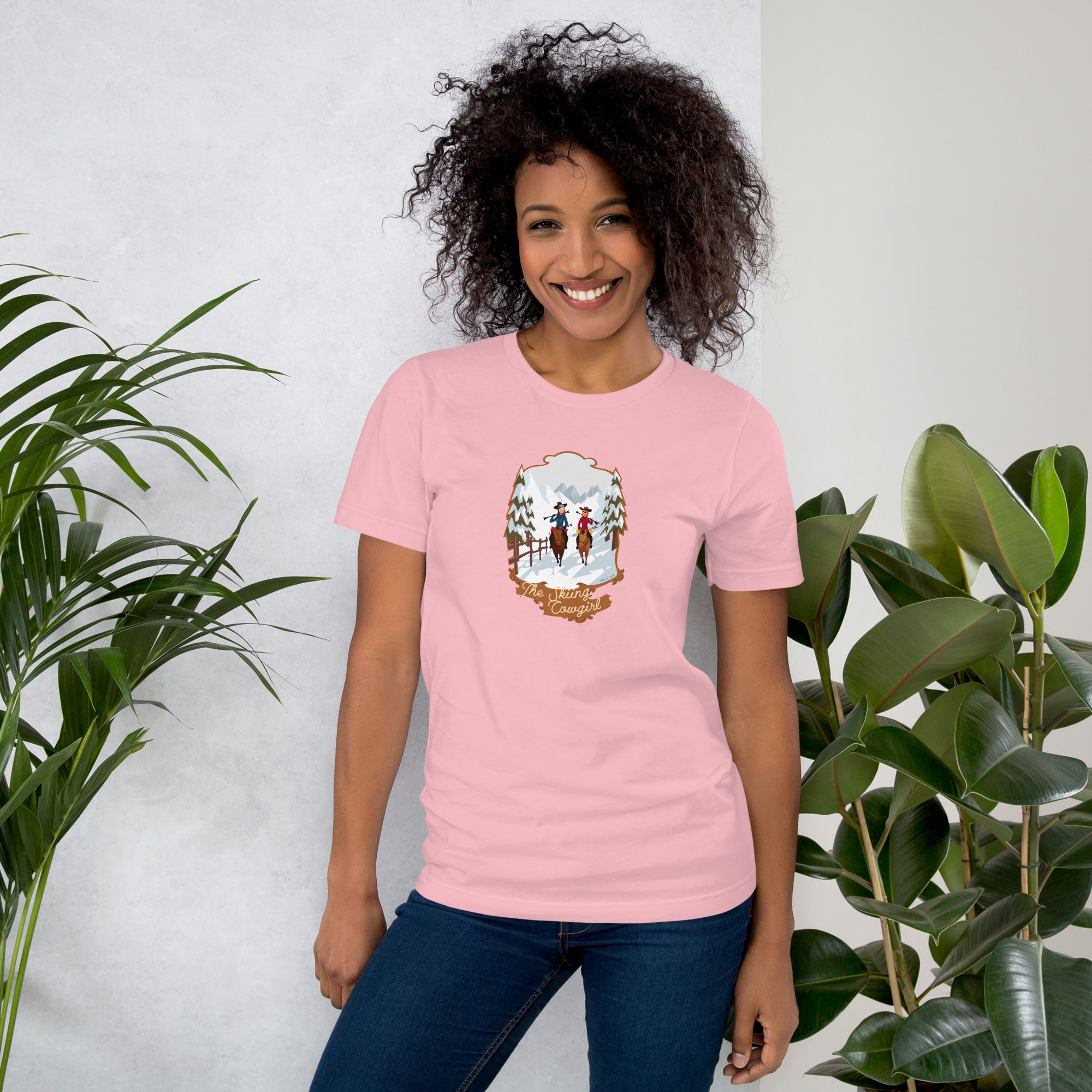 T-shirt en coton unisexe The Skiing Cowgirl sur fond clair