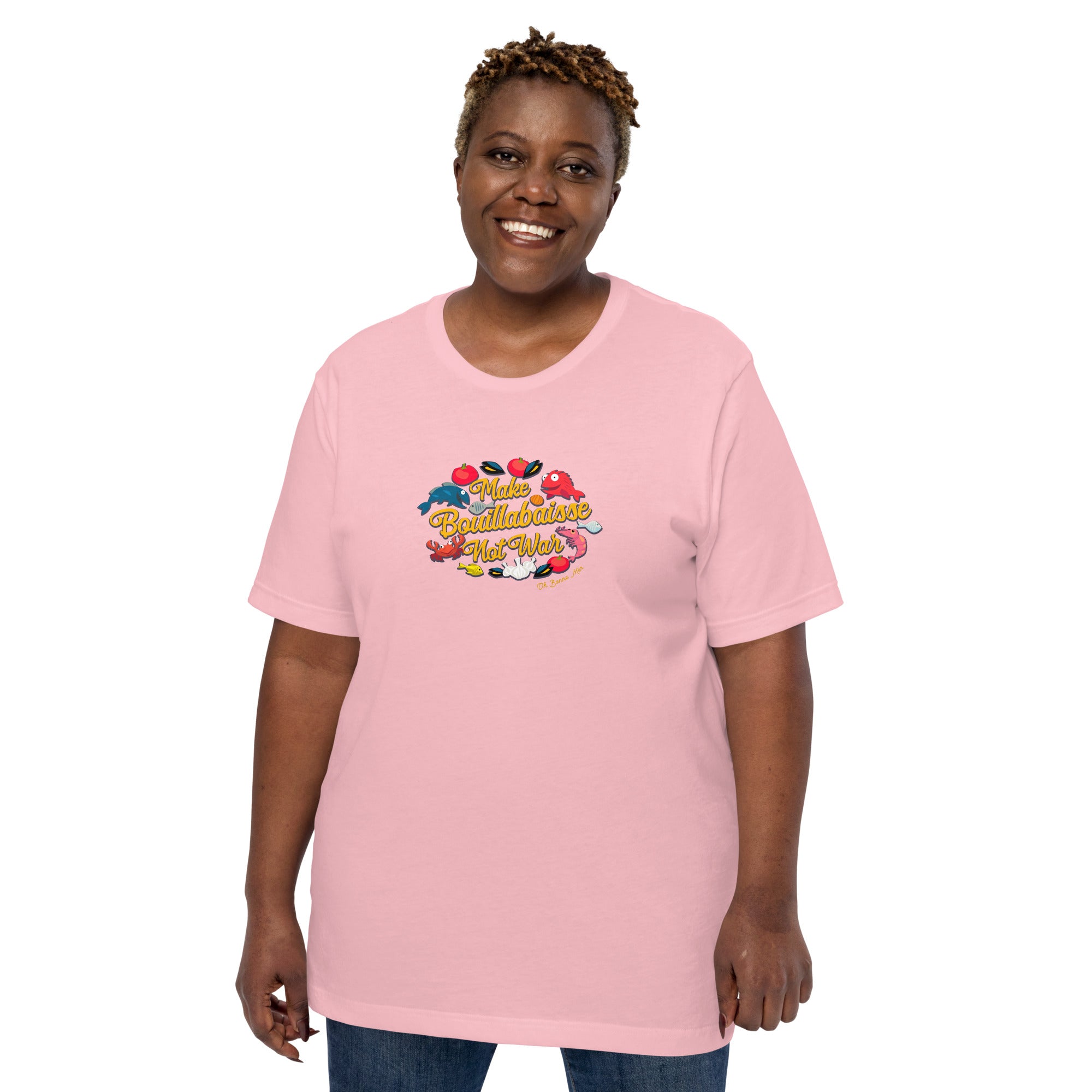 T-shirt en coton unisexe Make Bouillabaisse Not War sur couleurs claires