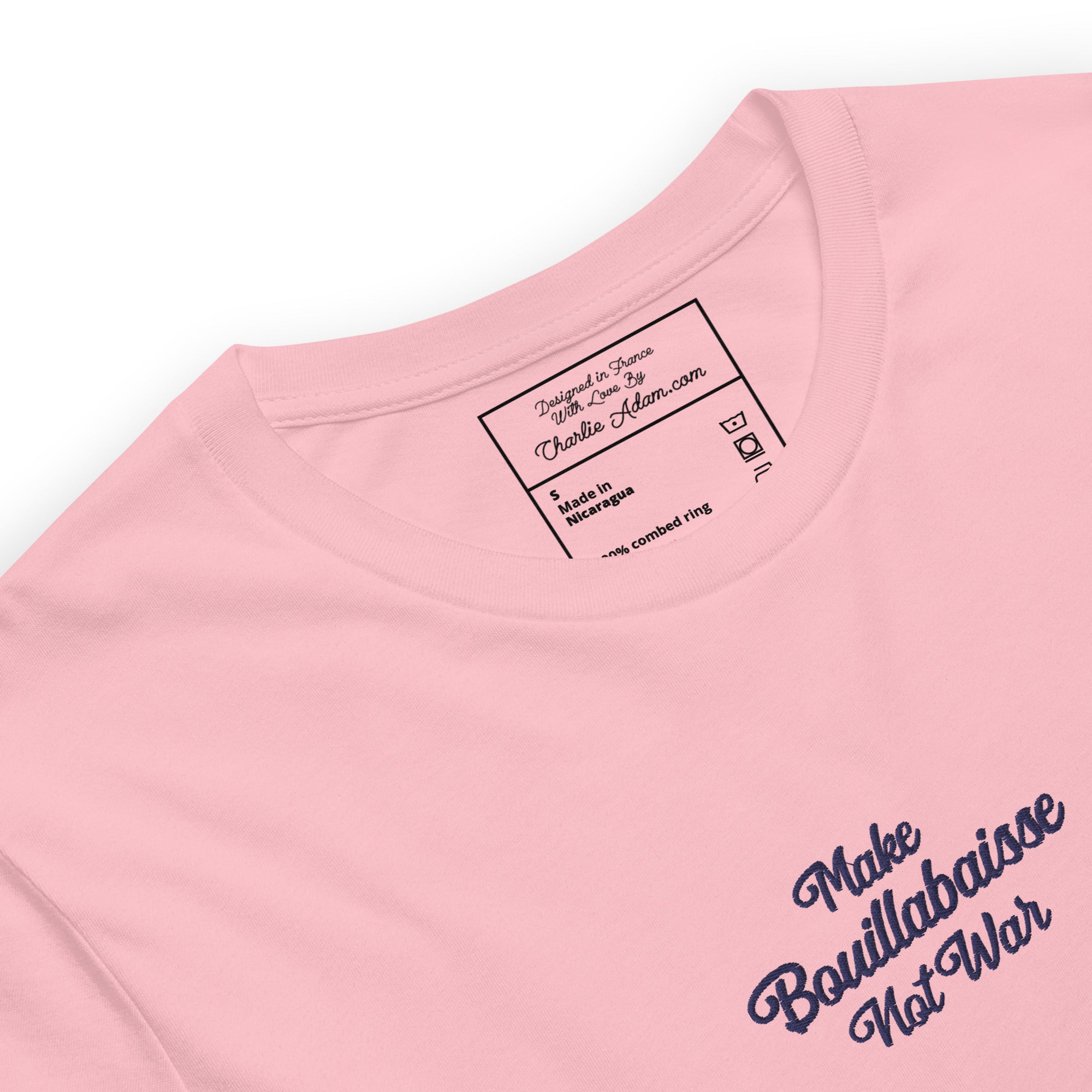 T-shirt en coton unisexe Make Bouillabaisse Not War Navy brodé sur couleurs claires