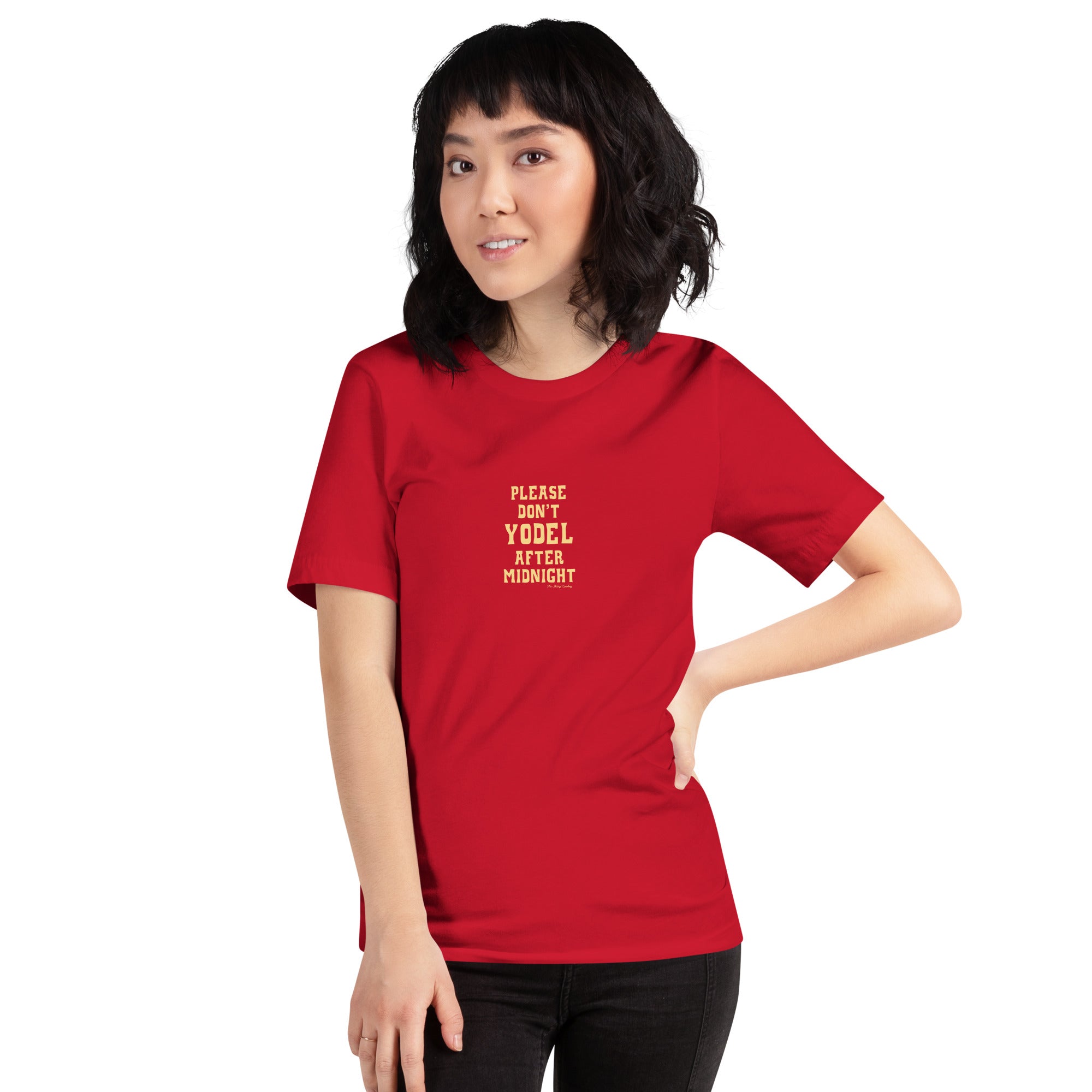 T-shirt en coton unisexe Don't Yodel After Midnight texte clair