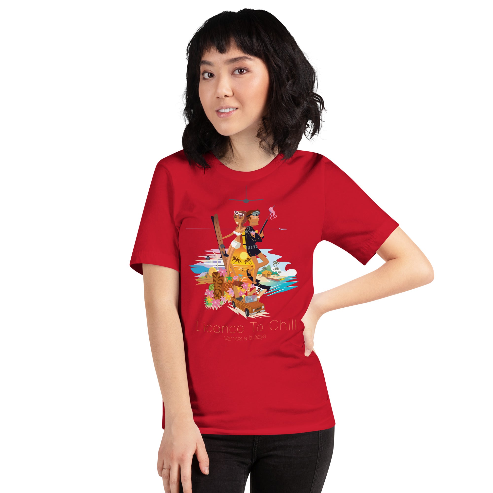 Unisex cotton t-shirt License to Chill Vamos a la Playa on bright colors