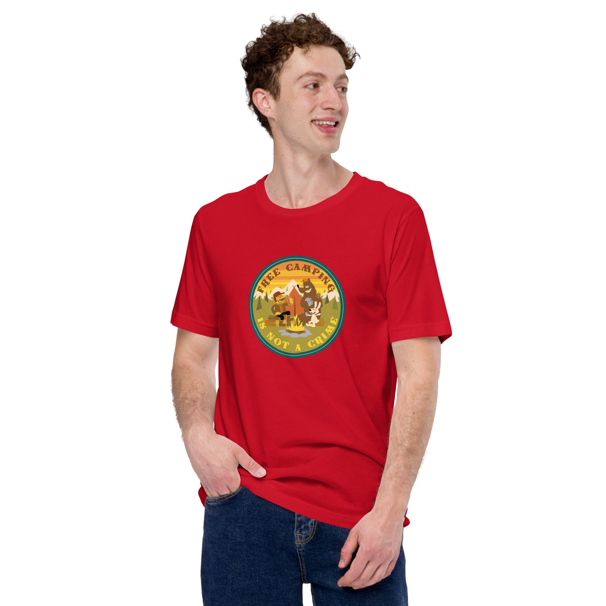 Unisex cotton t-shirt Free Camping is not a Crime on bright colors