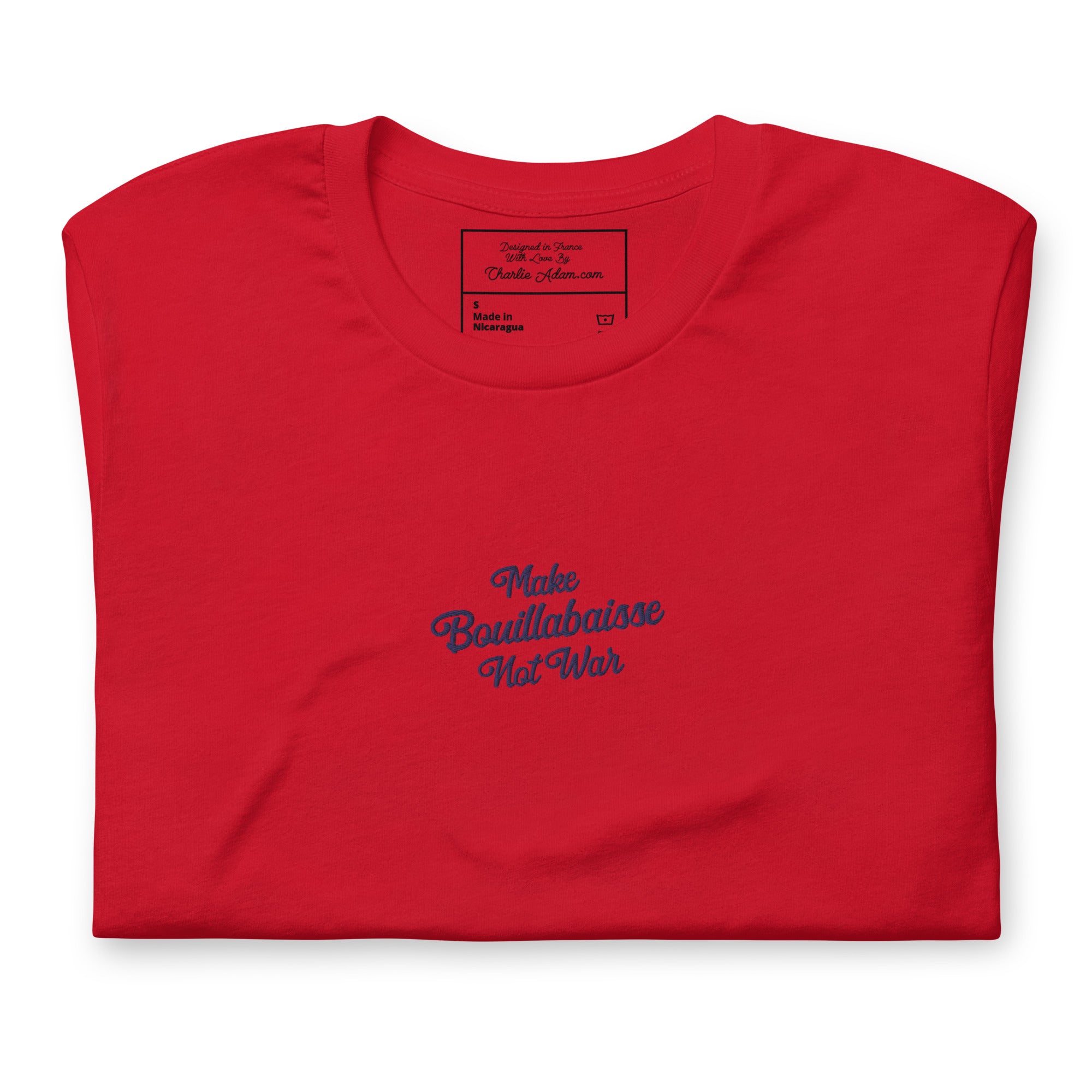 Unisex t-shirt Make Bouillabaisse Not War Text Only navy on bright colors