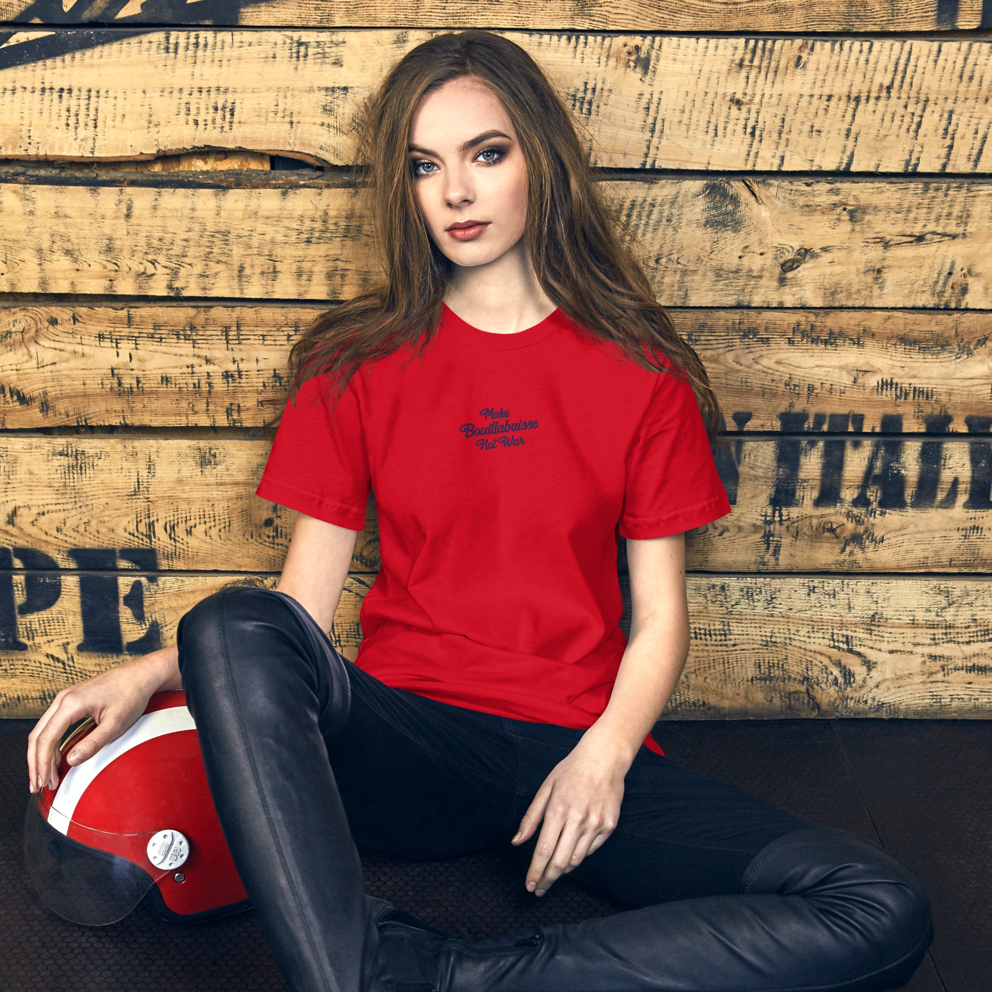 Unisex t-shirt Make Bouillabaisse Not War Text Only navy on bright colors