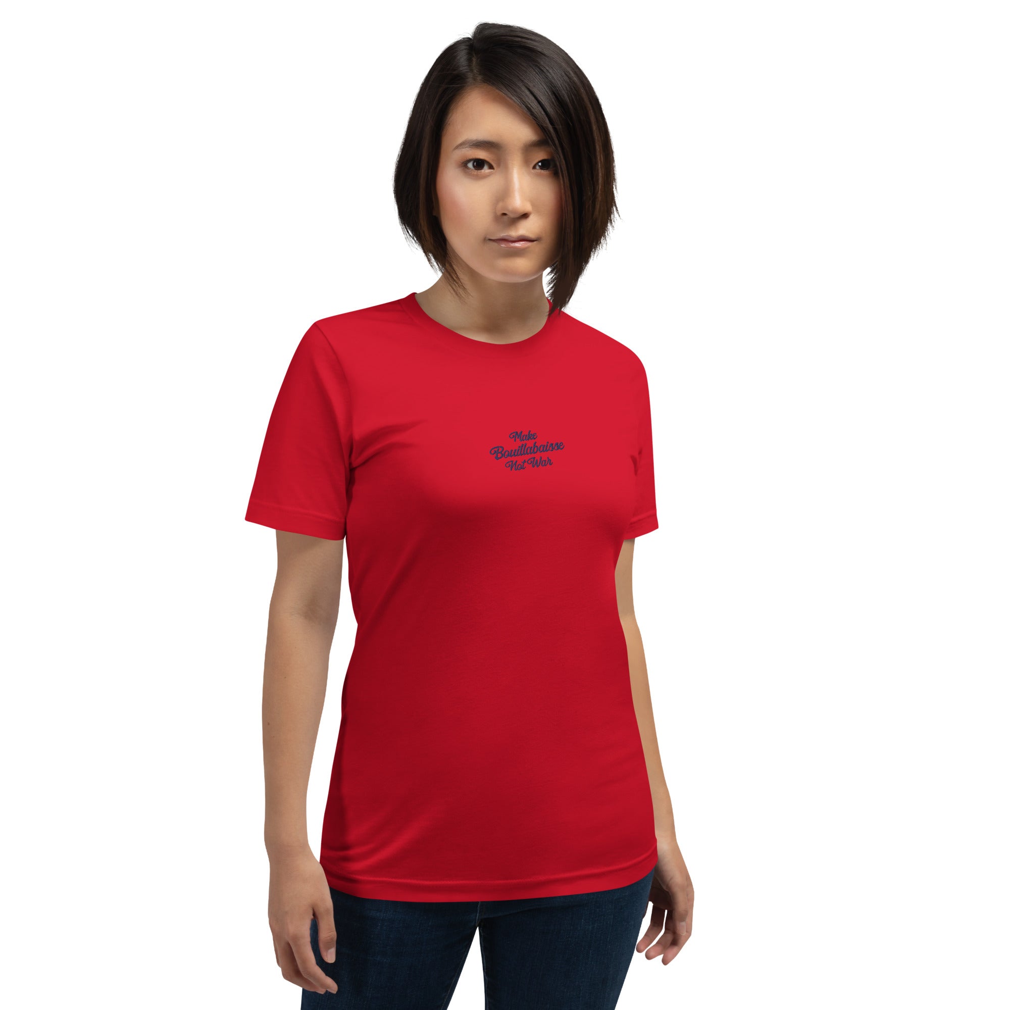 Unisex t-shirt Make Bouillabaisse Not War Text Only navy on bright colors