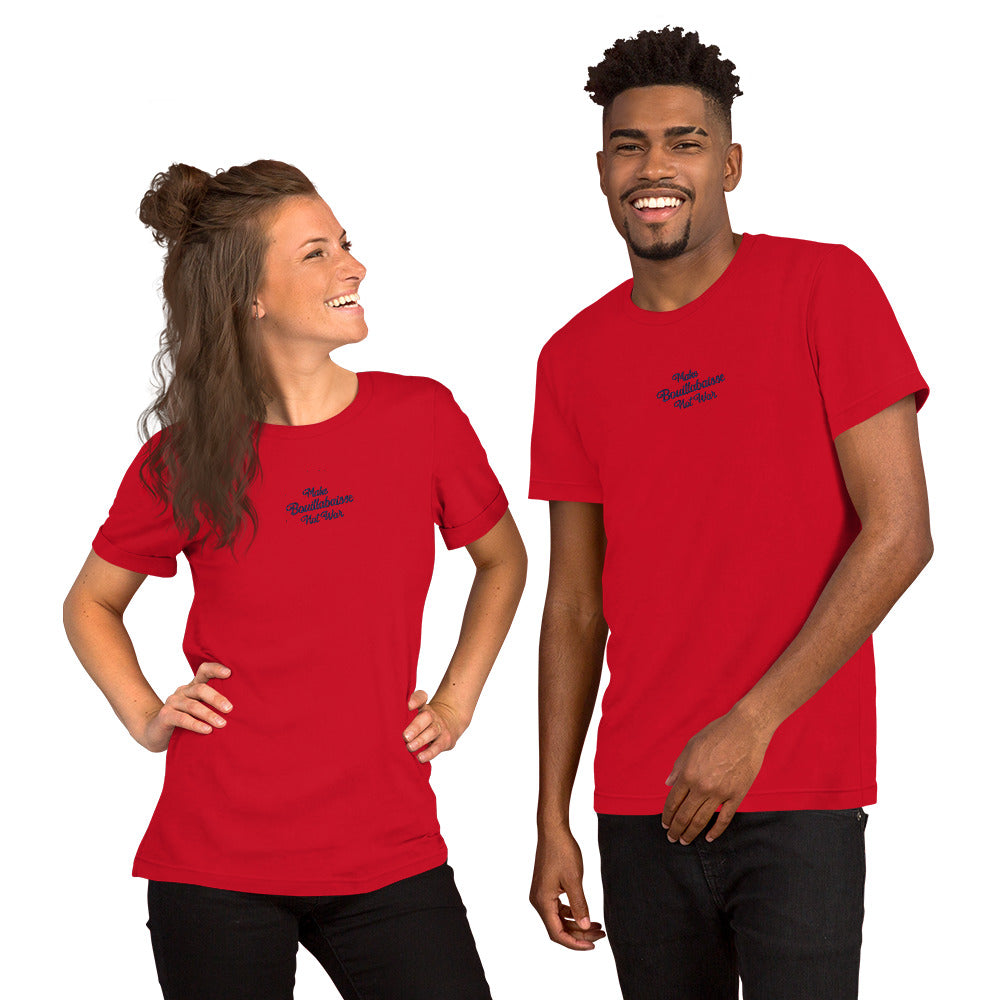 Unisex t-shirt Make Bouillabaisse Not War Text Only navy on bright colors