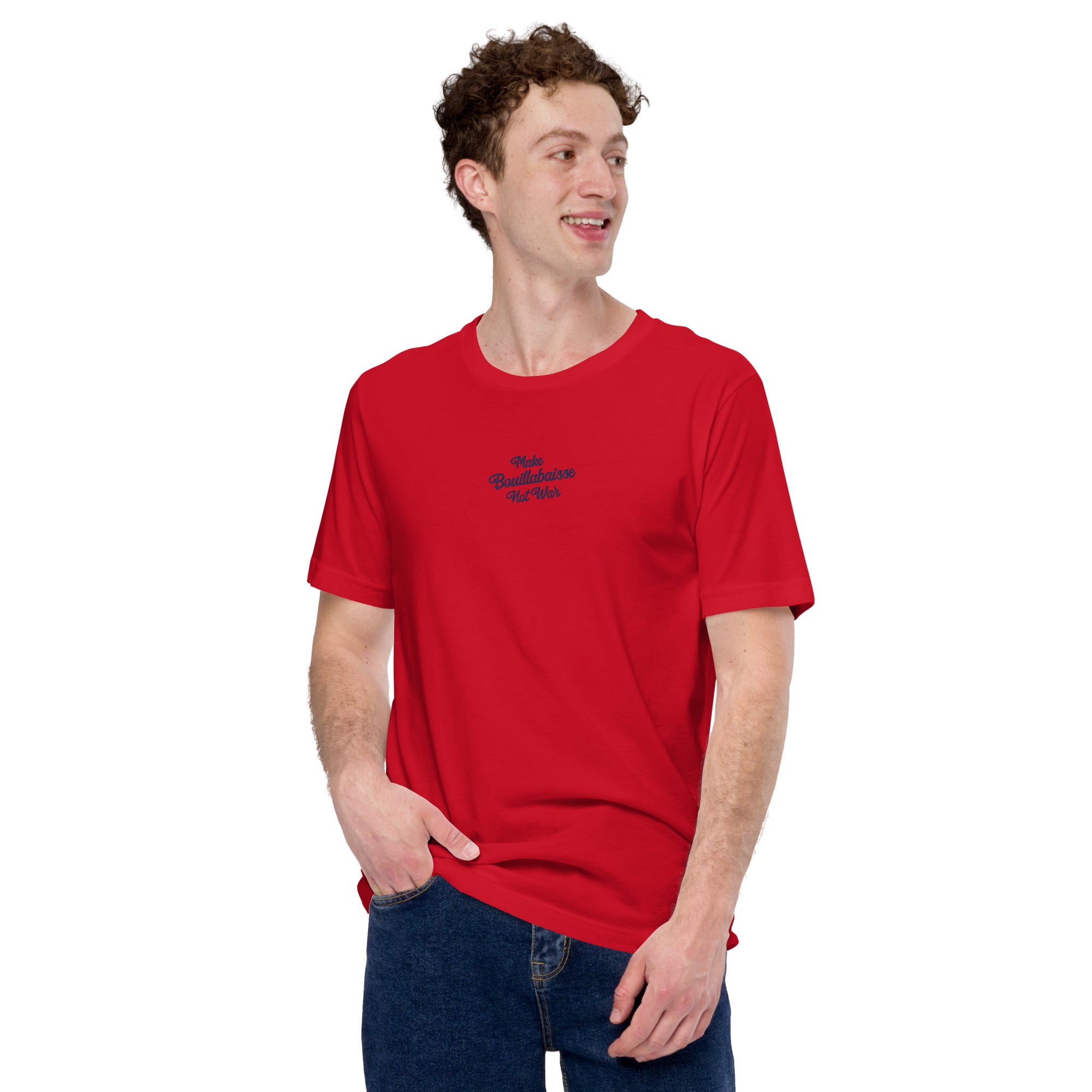 Unisex t-shirt Make Bouillabaisse Not War Text Only navy on bright colors