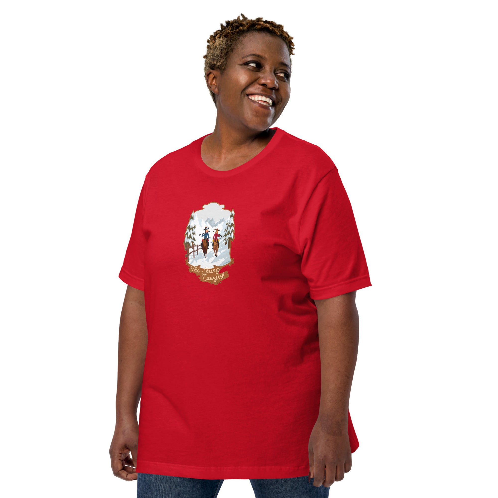 T-shirt en coton unisexe The Skiing Cowgirl sur couleurs vives
