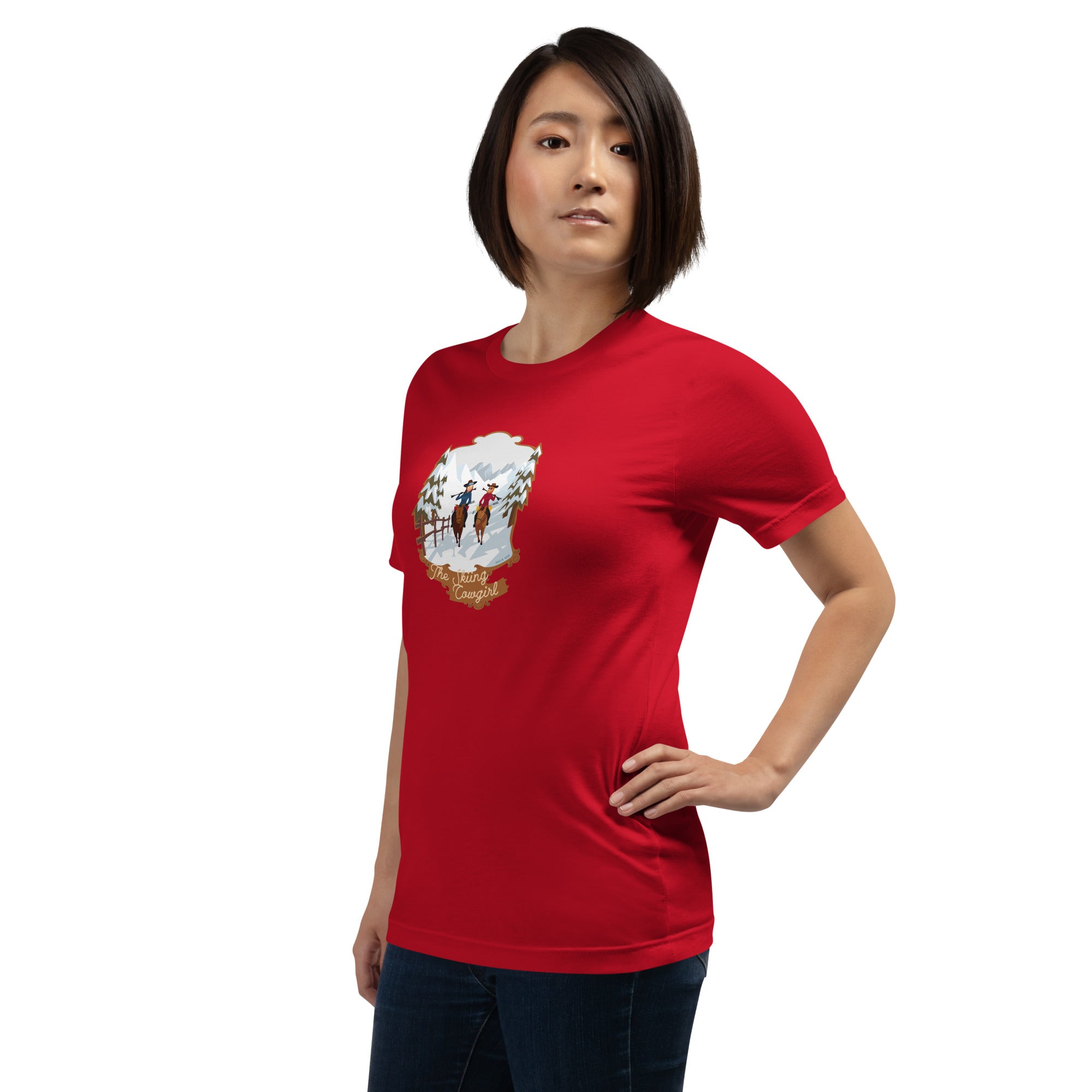 T-shirt en coton unisexe The Skiing Cowgirl sur couleurs vives