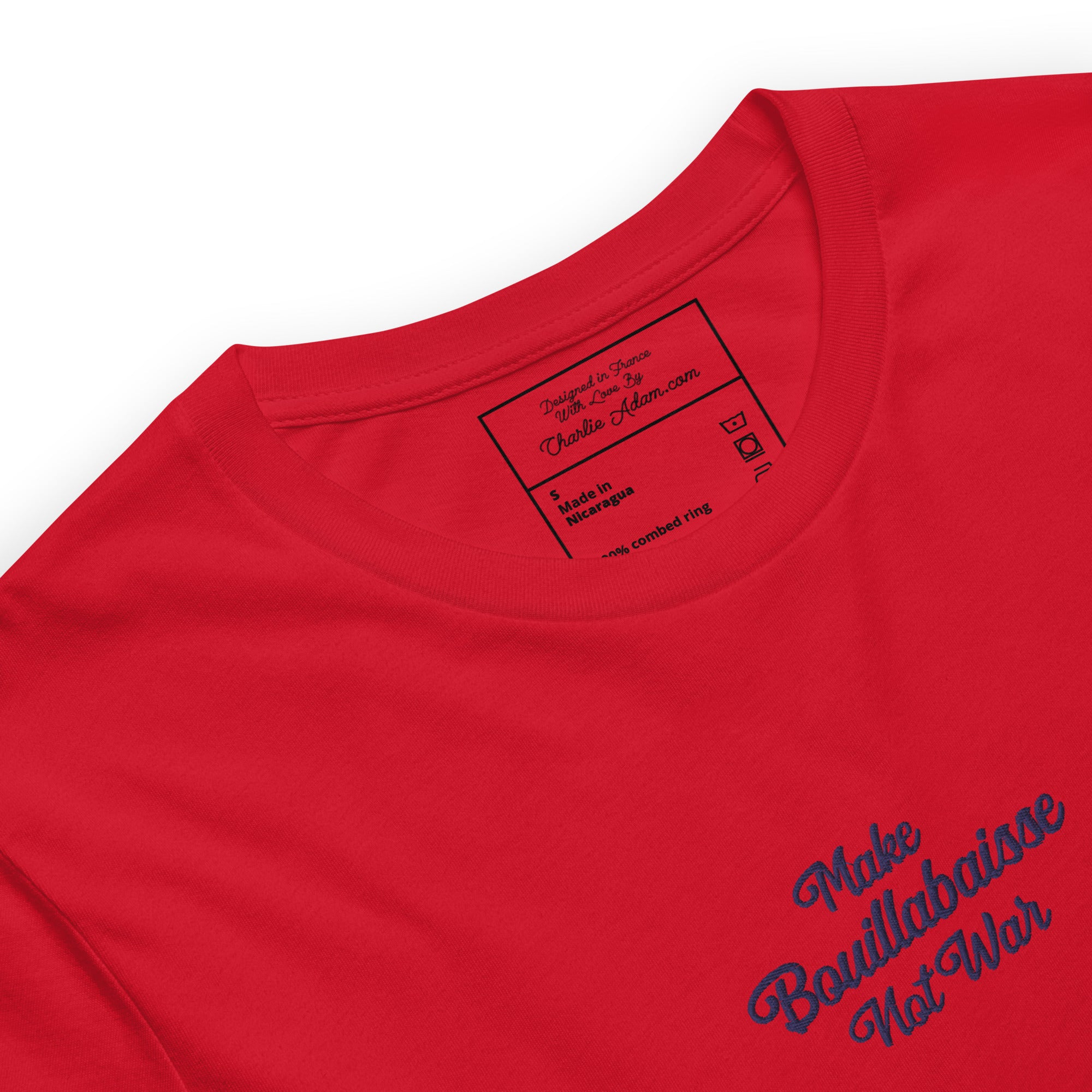 Unisex t-shirt Make Bouillabaisse Not War Text Only navy on bright colors