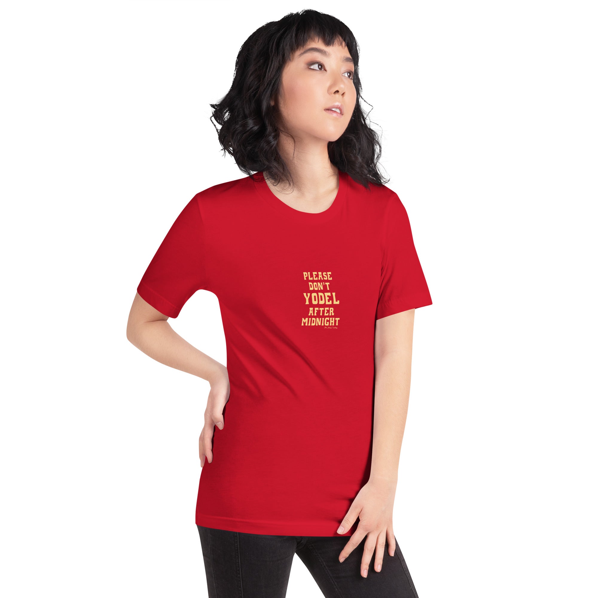T-shirt en coton unisexe Don't Yodel After Midnight texte clair