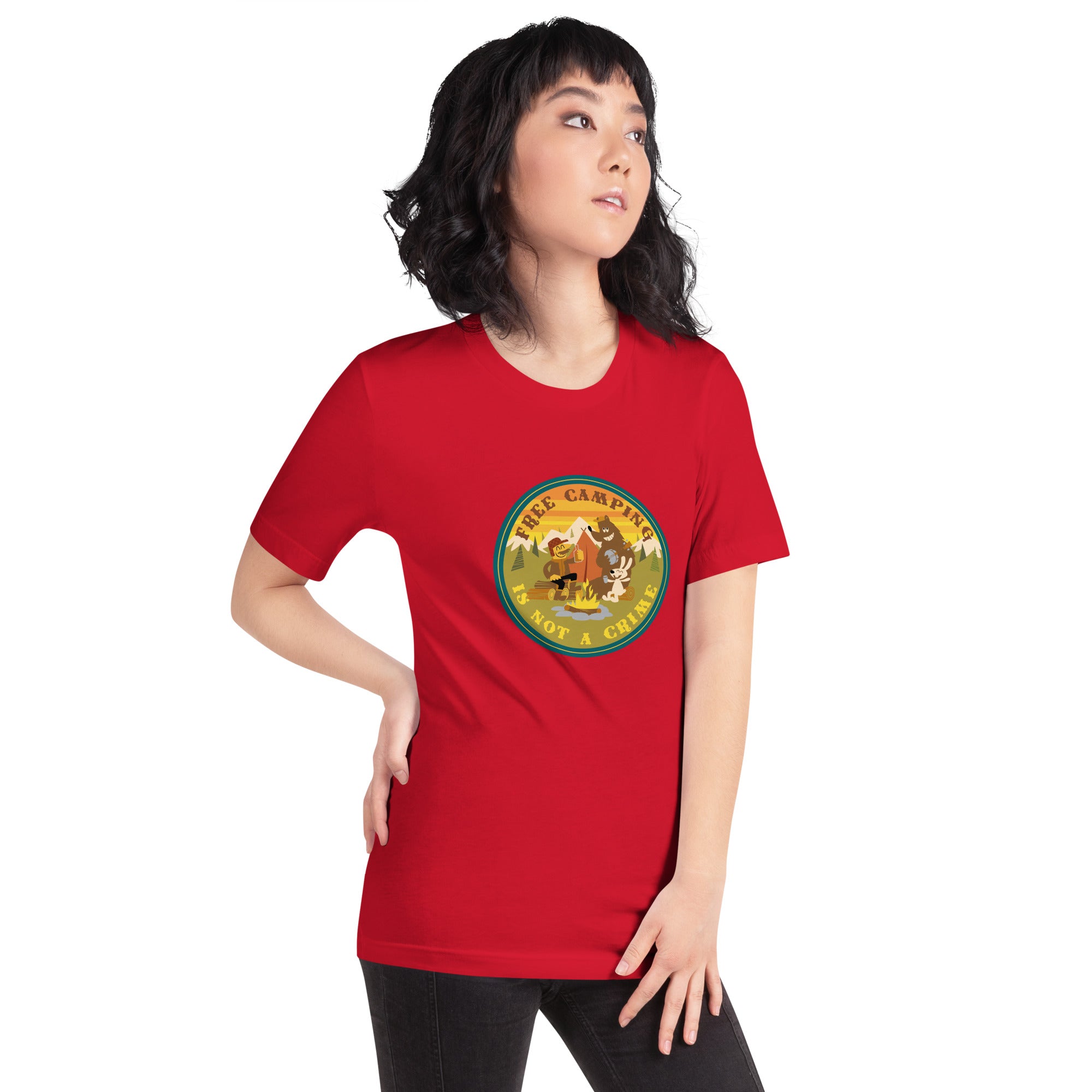 Unisex cotton t-shirt Free Camping is not a Crime on bright colors