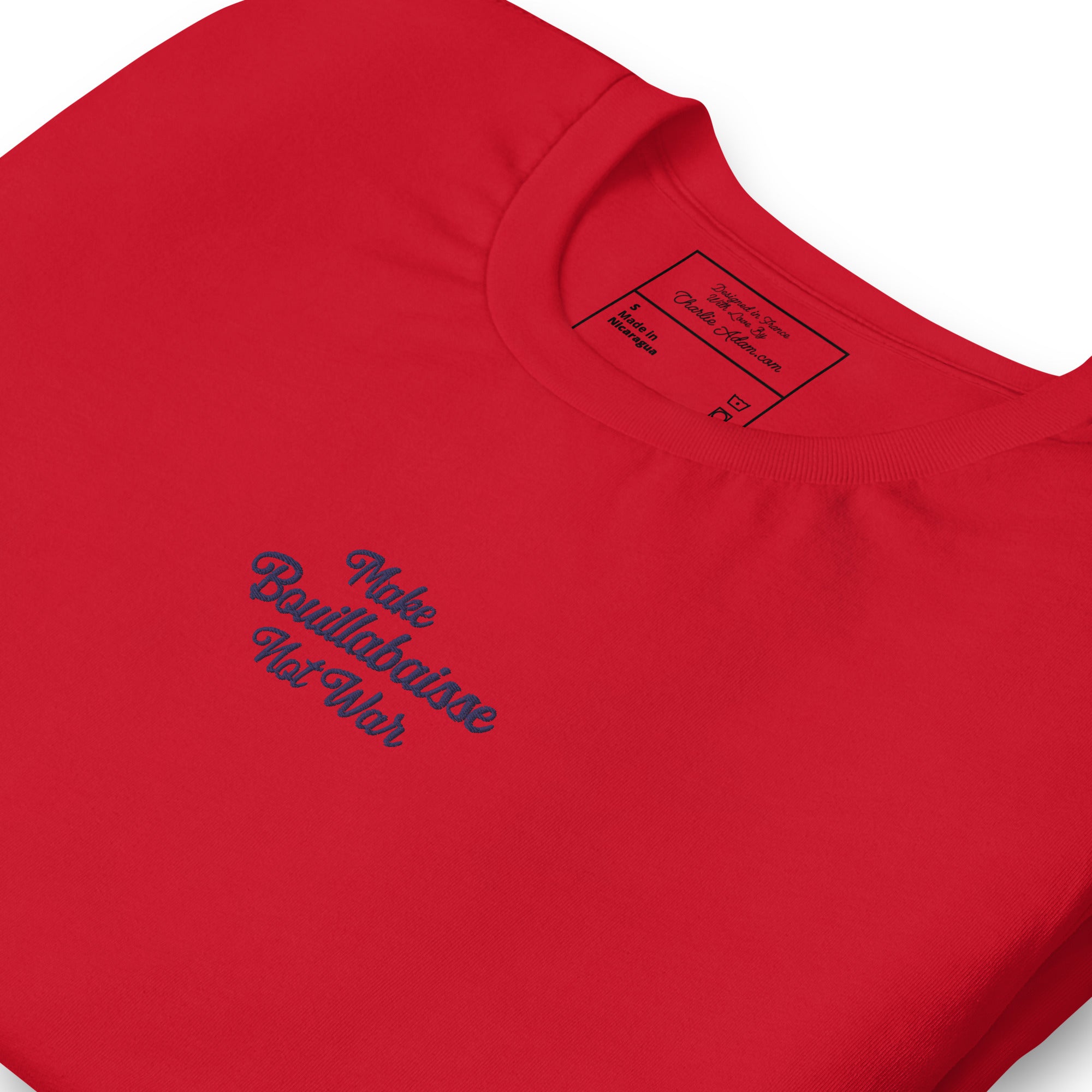 Unisex t-shirt Make Bouillabaisse Not War Text Only navy on bright colors