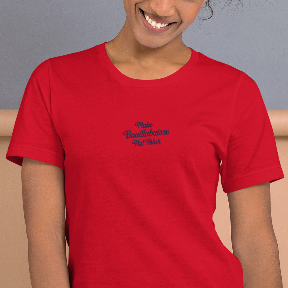 Unisex t-shirt Make Bouillabaisse Not War Text Only navy on bright colors