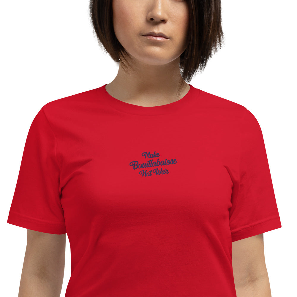 Unisex t-shirt Make Bouillabaisse Not War Text Only navy on bright colors