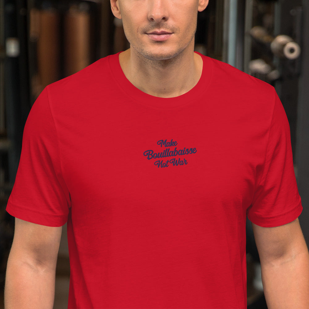 Unisex t-shirt Make Bouillabaisse Not War Text Only navy on bright colors