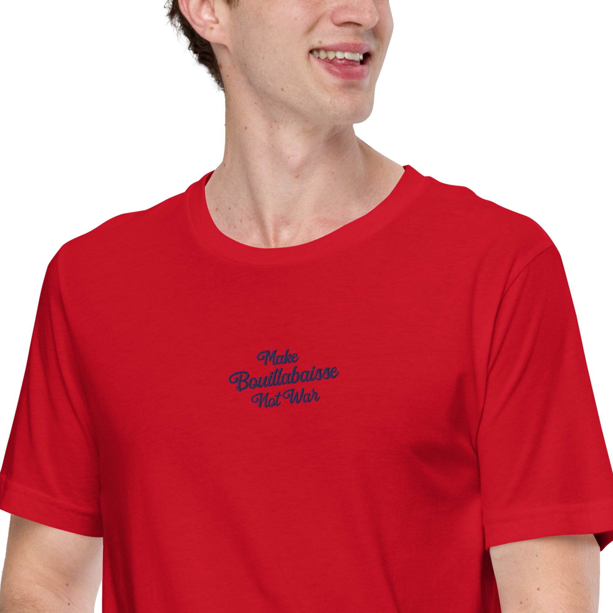 Unisex t-shirt Make Bouillabaisse Not War Text Only navy on bright colors