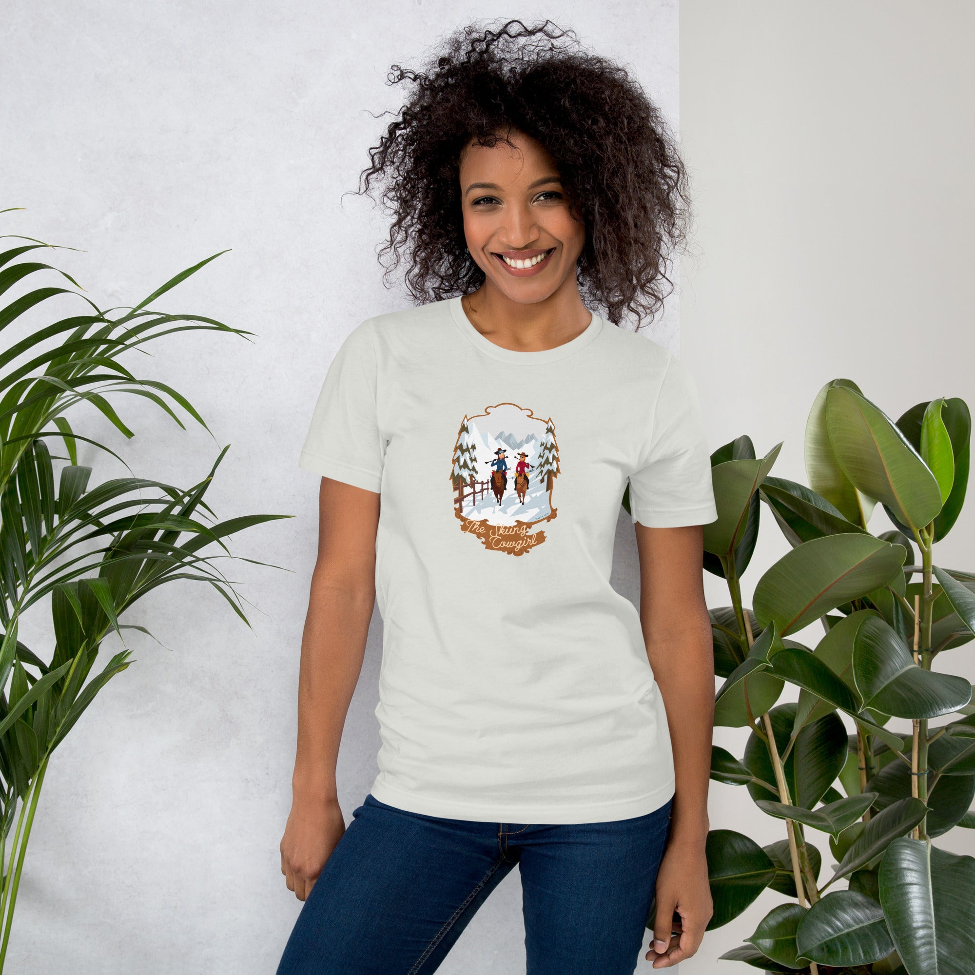 T-shirt en coton unisexe The Skiing Cowgirl sur fond clair