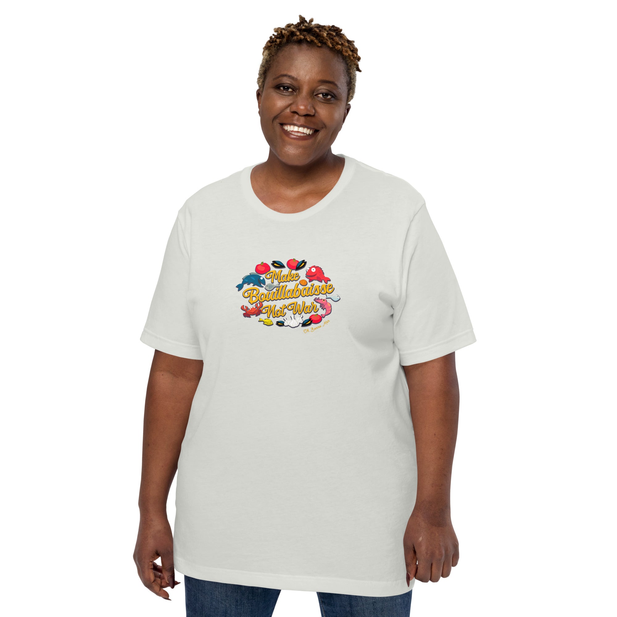 T-shirt en coton unisexe Make Bouillabaisse Not War sur couleurs claires