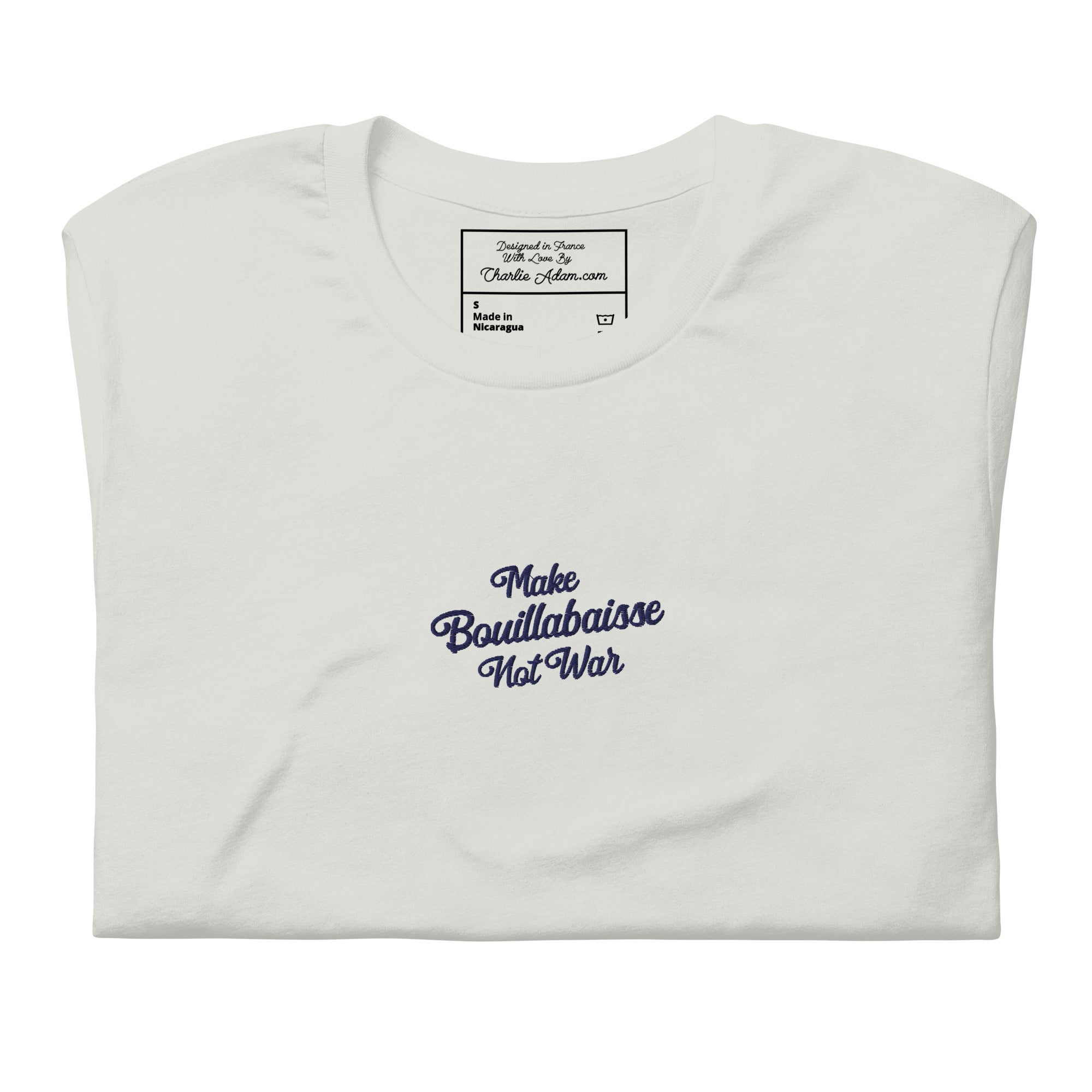 T-shirt en coton unisexe Make Bouillabaisse Not War Navy brodé sur couleurs claires