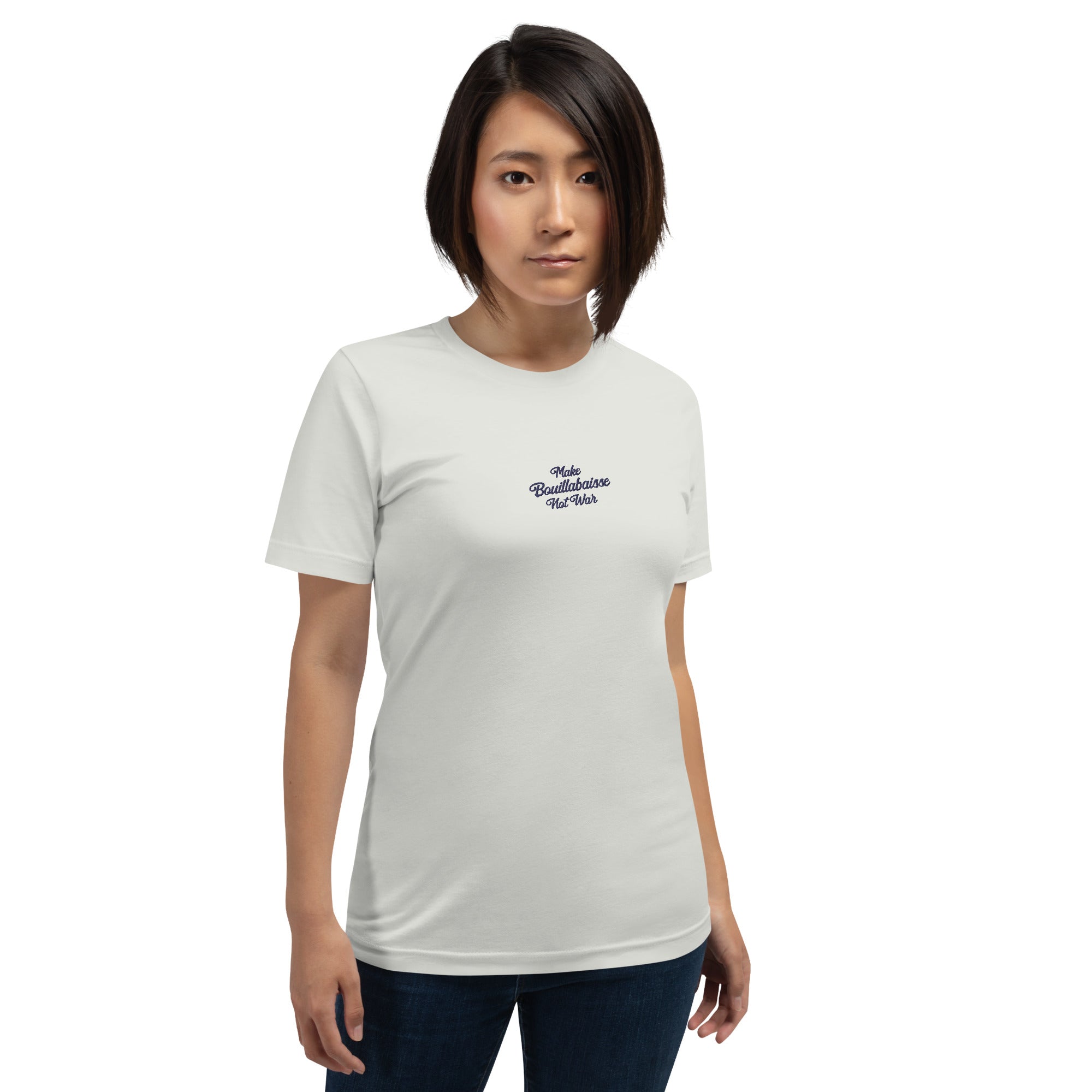 T-shirt en coton unisexe Make Bouillabaisse Not War Navy brodé sur couleurs claires