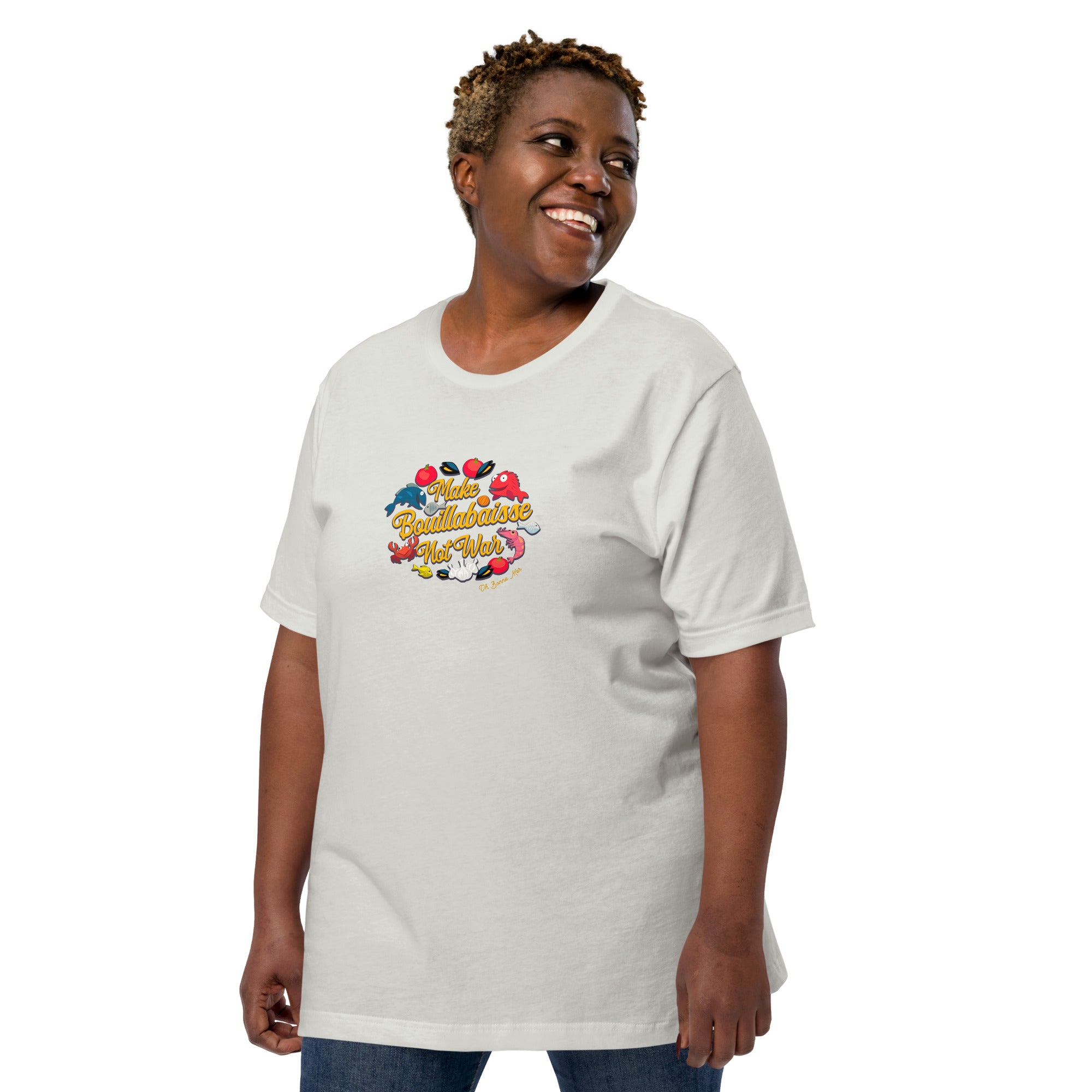T-shirt en coton unisexe Make Bouillabaisse Not War sur couleurs claires