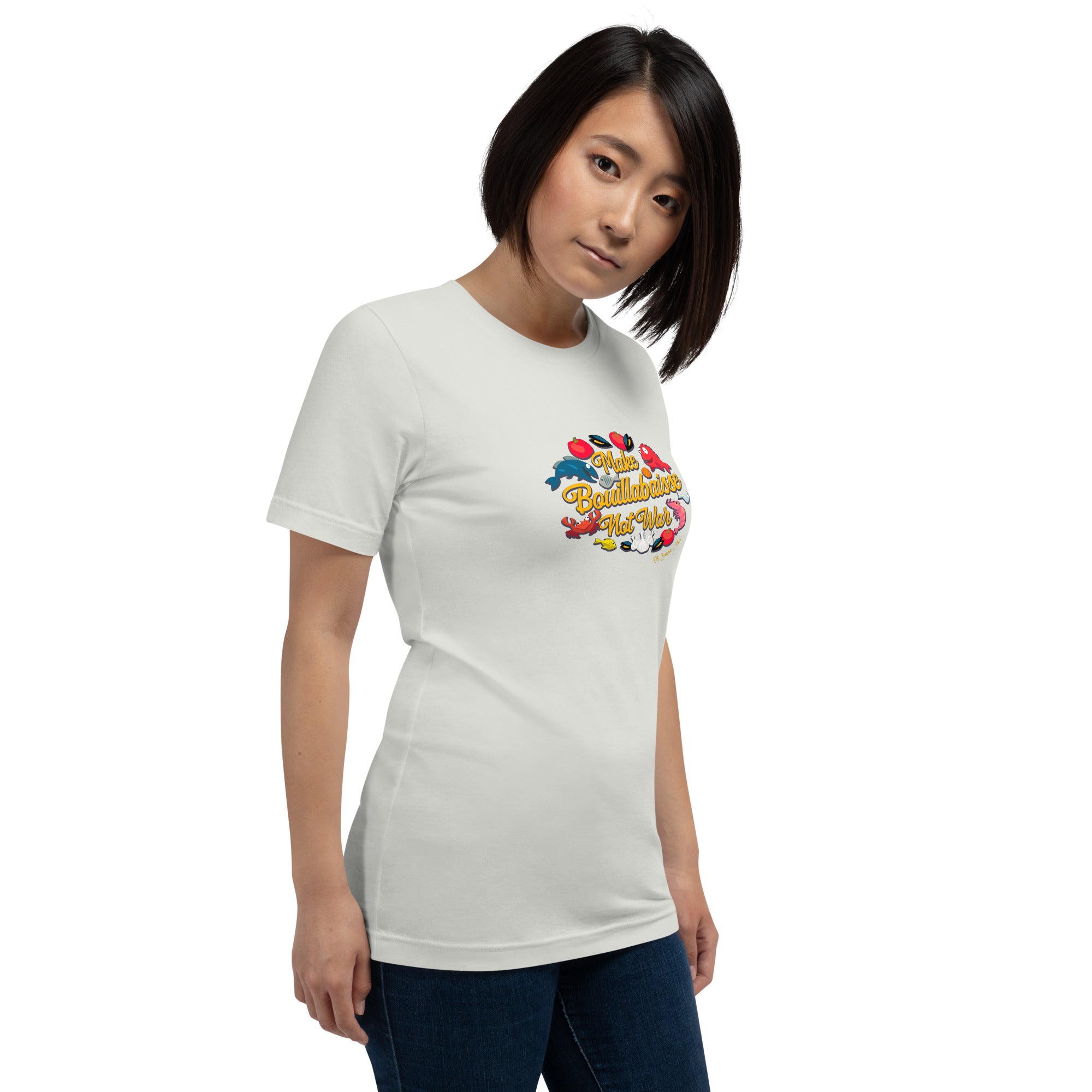 T-shirt en coton unisexe Make Bouillabaisse Not War sur couleurs claires