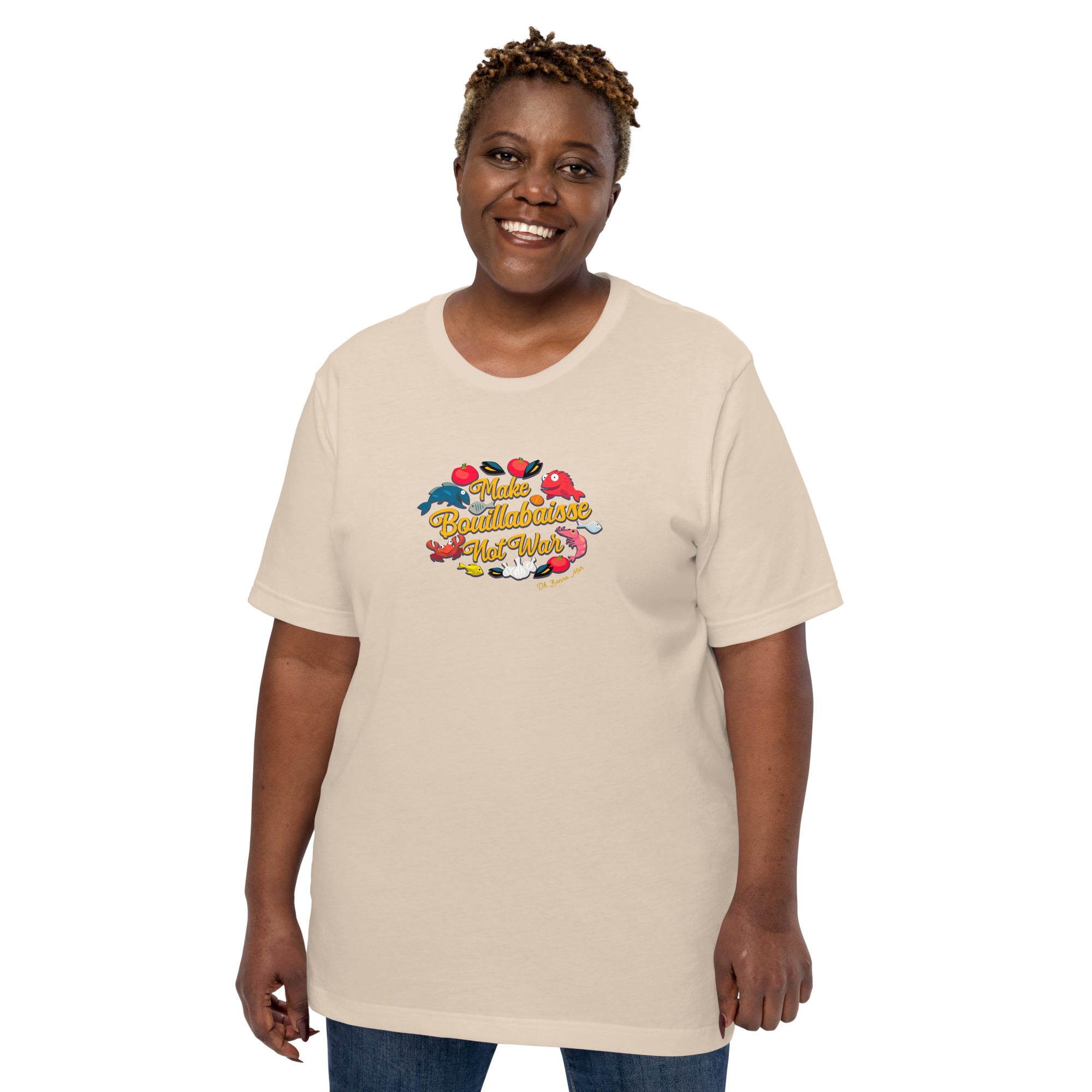 T-shirt en coton unisexe Make Bouillabaisse Not War sur couleurs claires