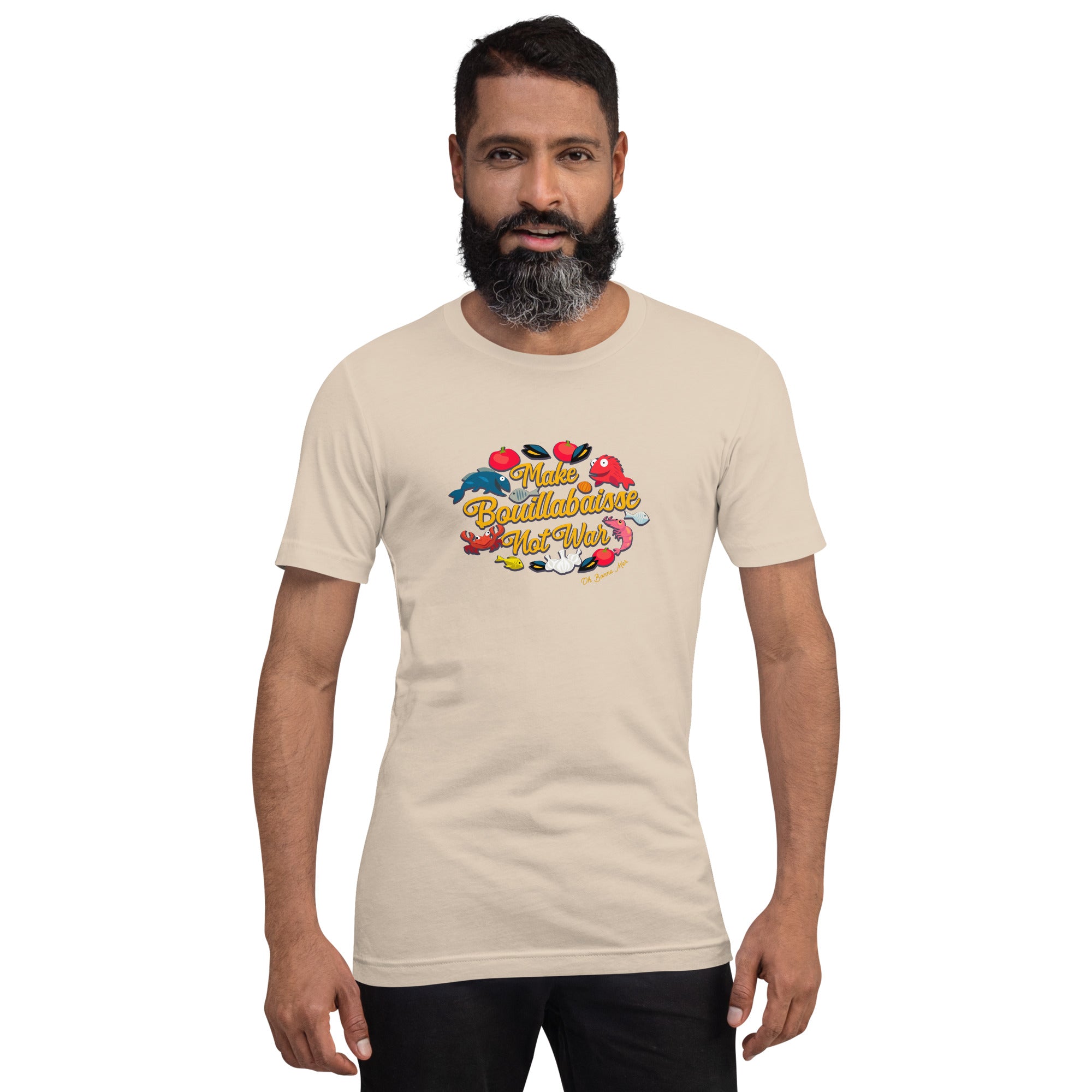 T-shirt en coton unisexe Make Bouillabaisse Not War sur couleurs claires