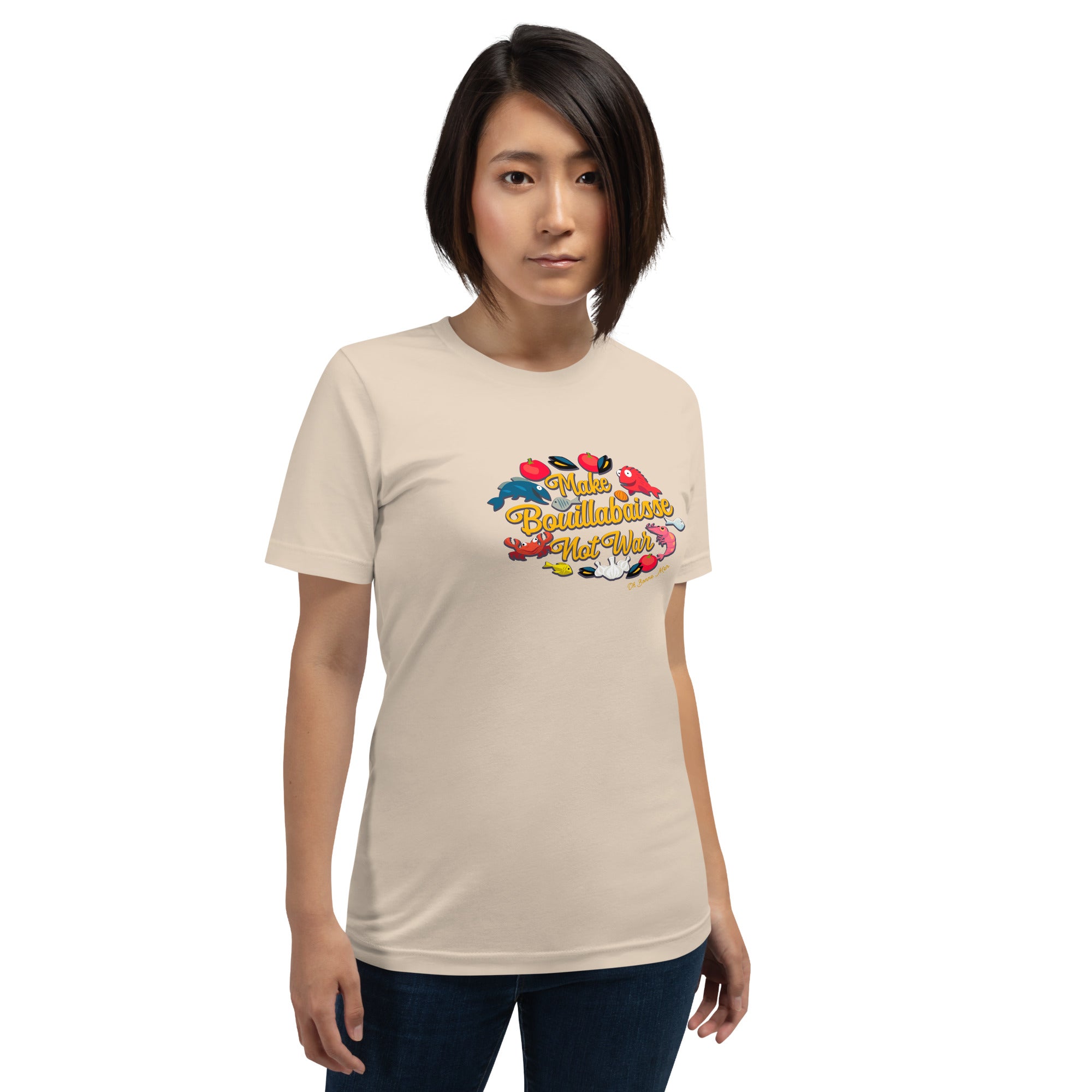 T-shirt en coton unisexe Make Bouillabaisse Not War sur couleurs claires