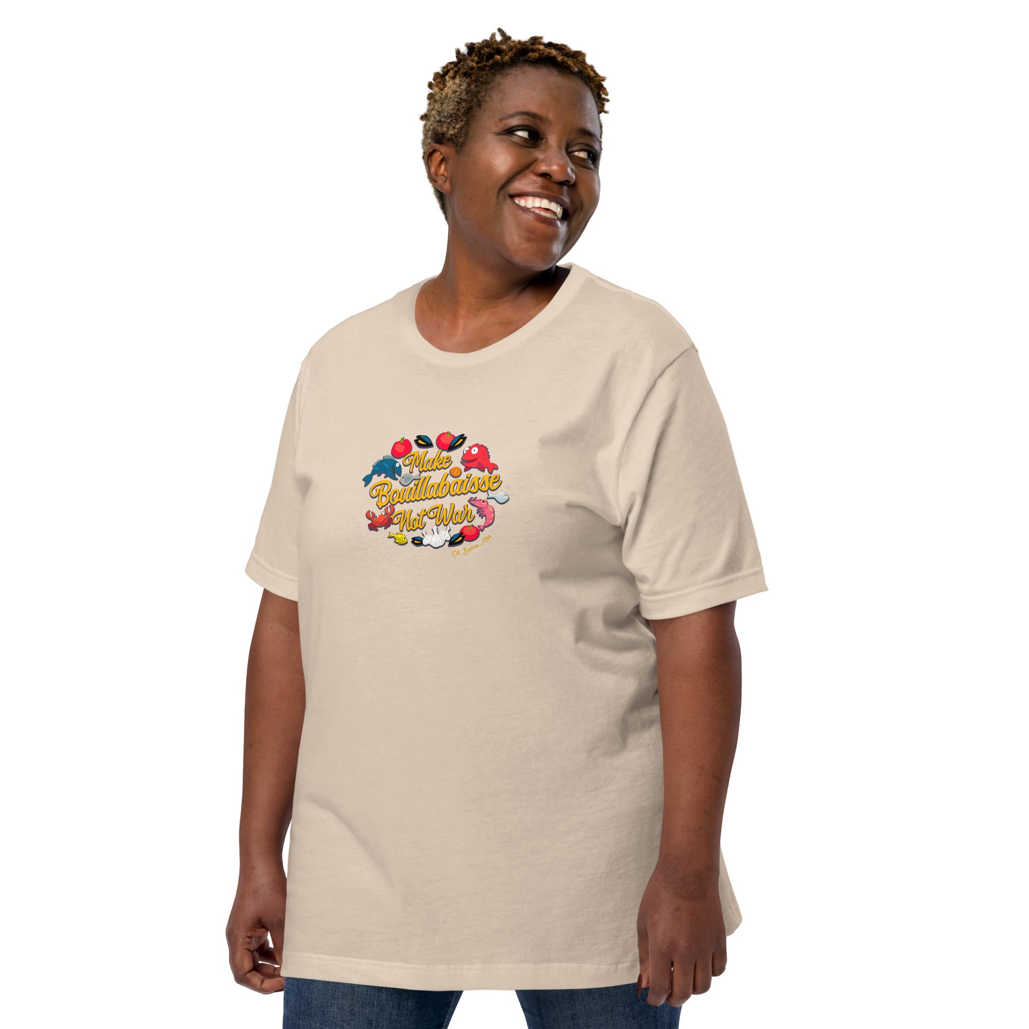 T-shirt en coton unisexe Make Bouillabaisse Not War sur couleurs claires