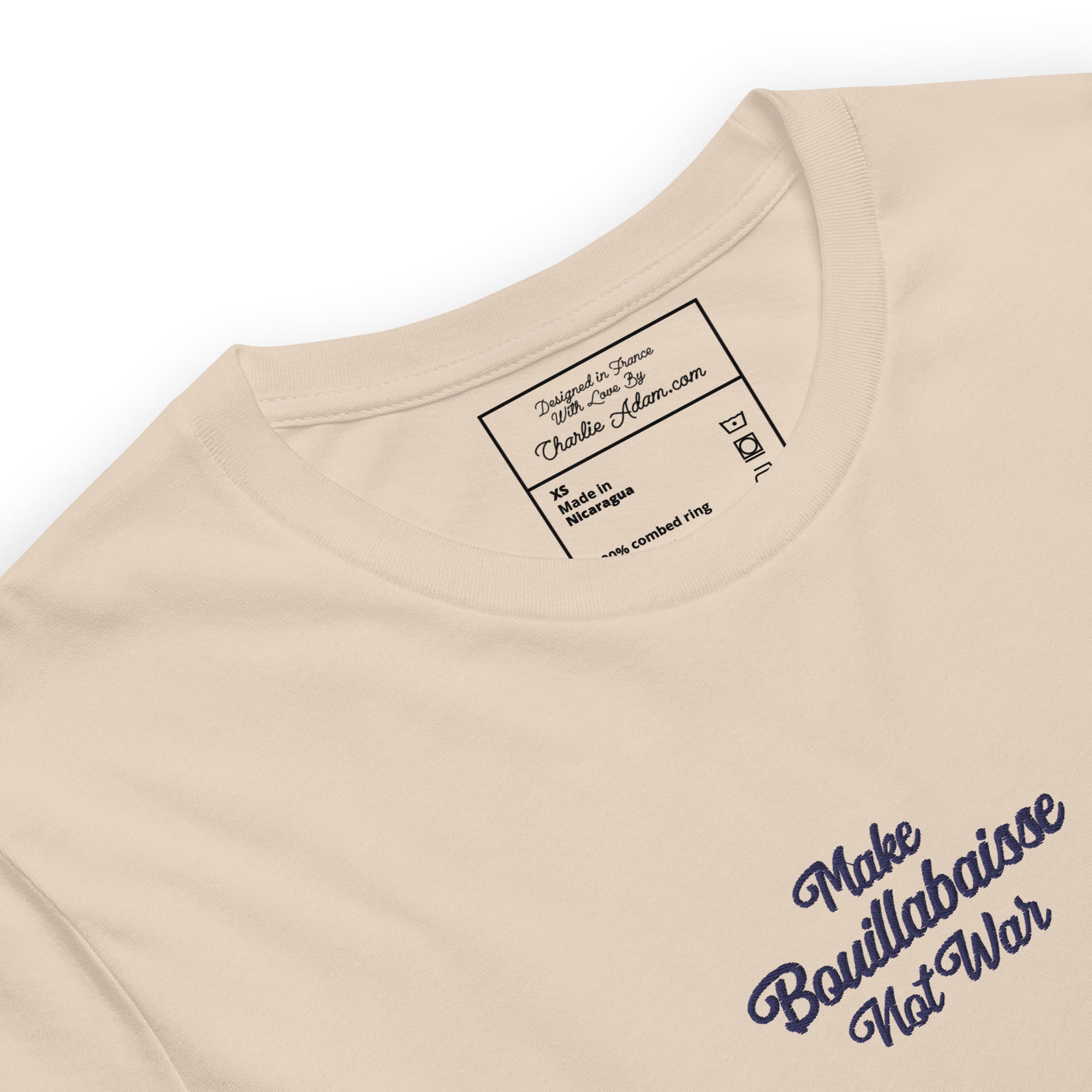 T-shirt en coton unisexe Make Bouillabaisse Not War Navy brodé sur couleurs claires