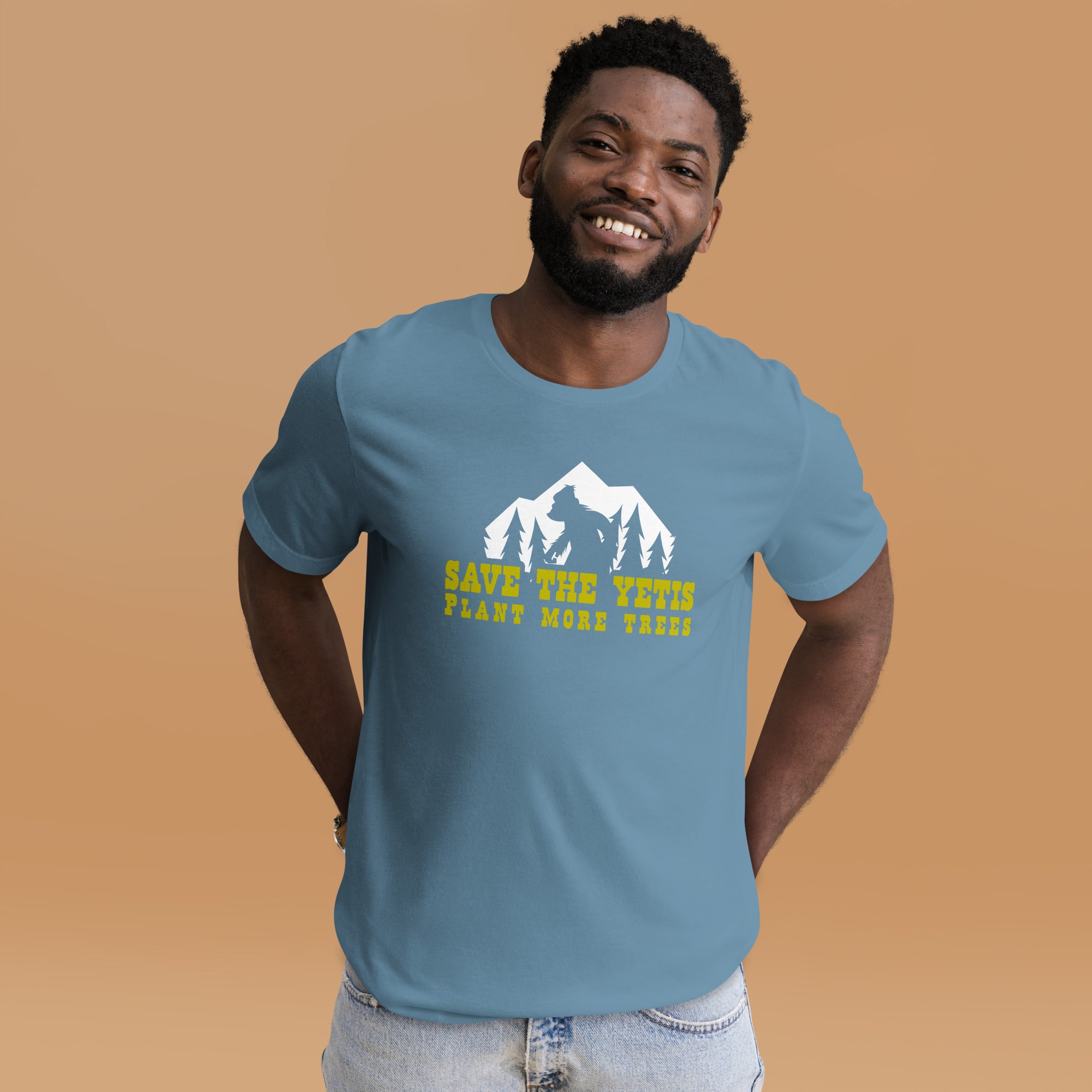 T-shirt en coton unisexe Save the Yetis Plant more Trees sur couleurs foncées