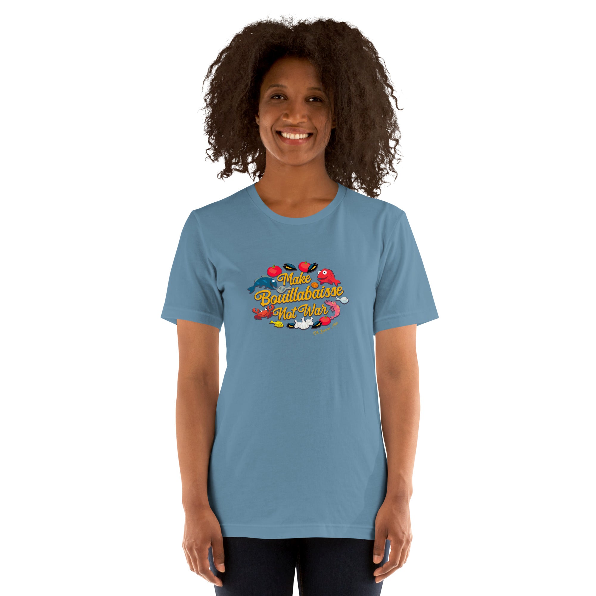 T-shirt en coton unisexe Make Bouillabaisse Not War sur couleurs foncées