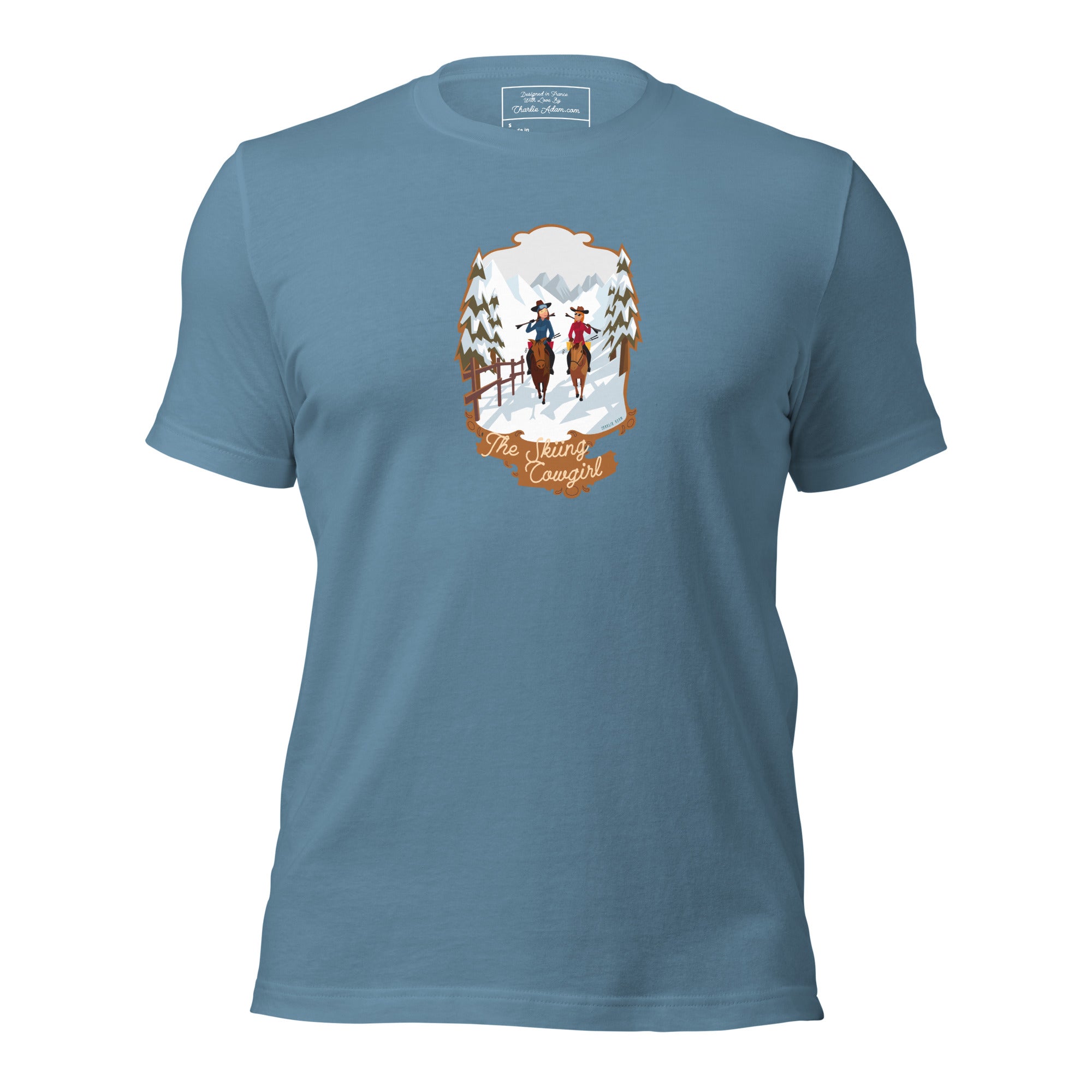 T-shirt en coton unisexe The Skiing Cowgirl sur couleurs foncées