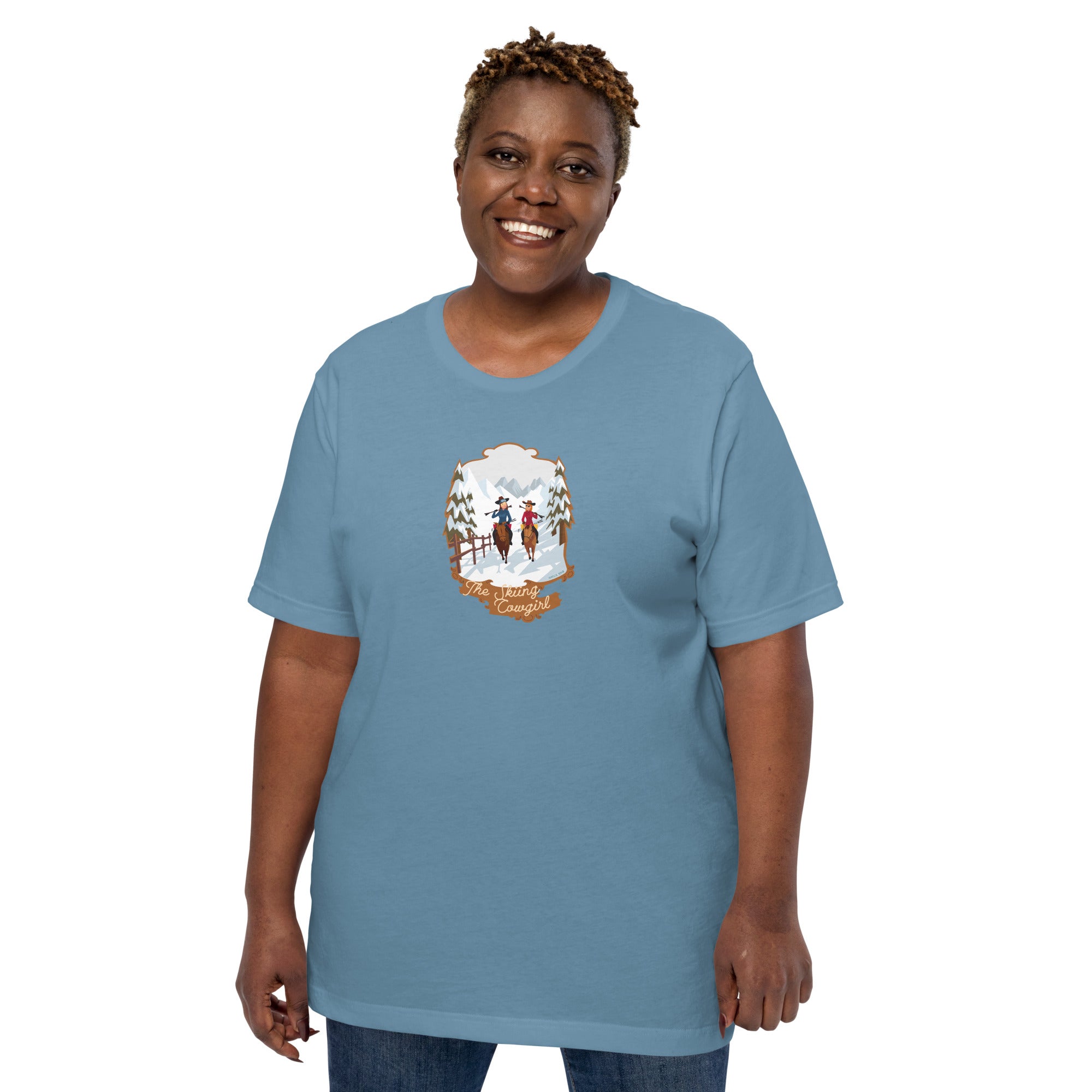 T-shirt en coton unisexe The Skiing Cowgirl sur couleurs foncées